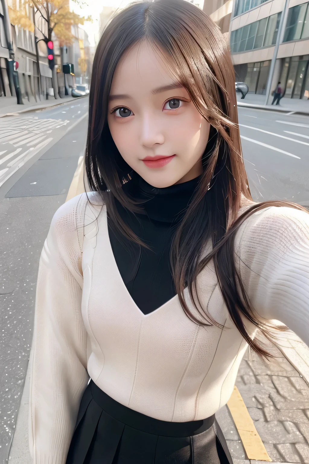 pieces fly、masterpiece、highest quality、Super detailed、High resolution、High resolution、8K portrait、unity 8k wallpaper、Detailed CG、unity 8k wallpaper、Detailed CGユニティ8kの壁紙、realistic、real person、portrait photography、shiny skin、()、(cute:1.2)、High resolution、beautiful clear eyes、very detailed explanation、delicate face、nice lips、thin waist、thin legs、1 girl、(Black Turtleneck Knit Sweater:1.2)、(pleated skirt:1.2)、(flat chest:1.4)、((Self sn))、(smile:1.2)、(W trail:1.2)