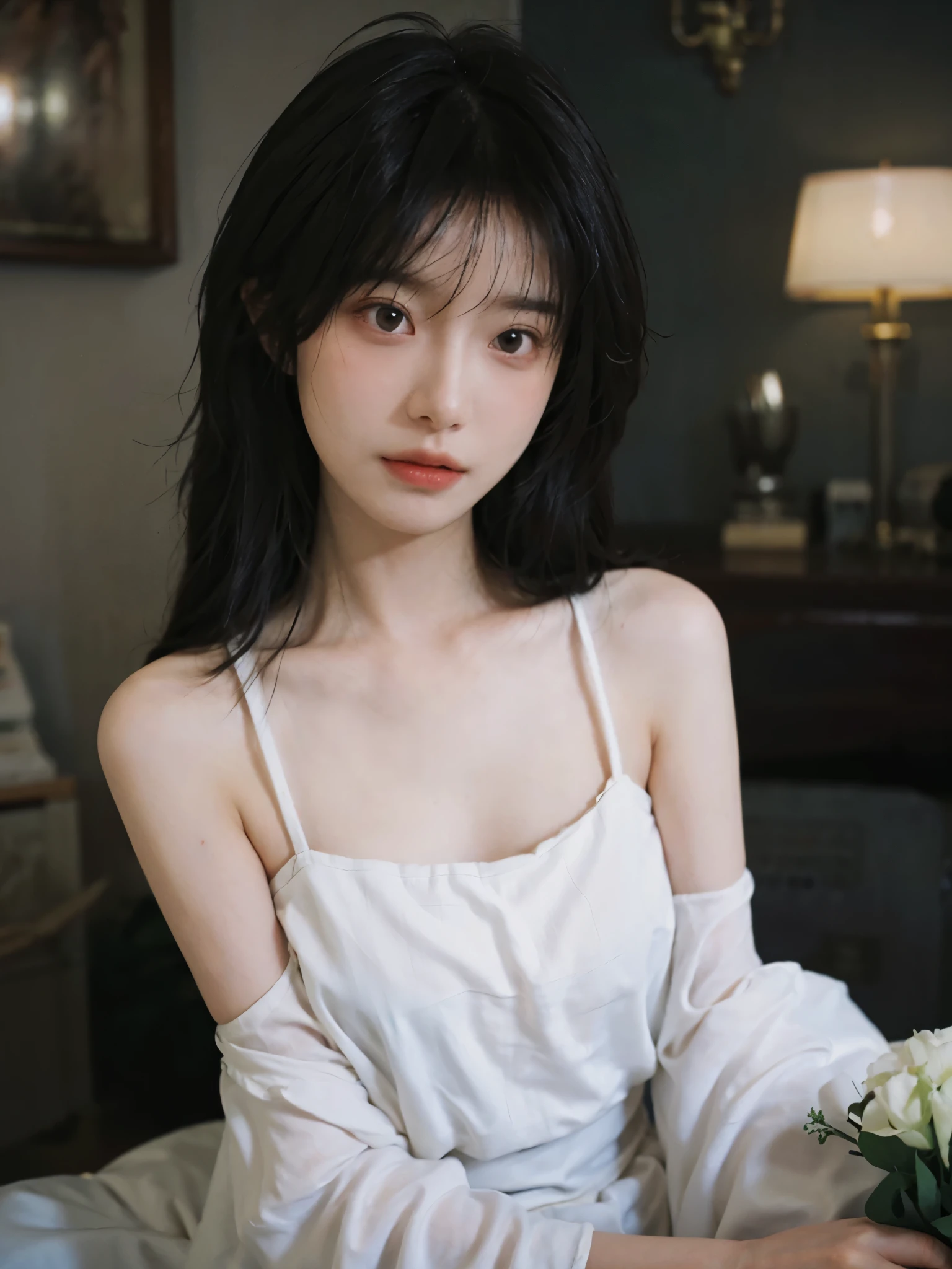 Film portrait photography, 1 girl, bare shoulders, Shoulder length wavy hair, white wedding dress, (Realistic and detailed eyes, natural skin texture, Realistic facial details), Soft dramatic lighting, depth of field, Bokeh, Vibrant details, Detailed and detailed, surreal, 35mm film, hazy, ,