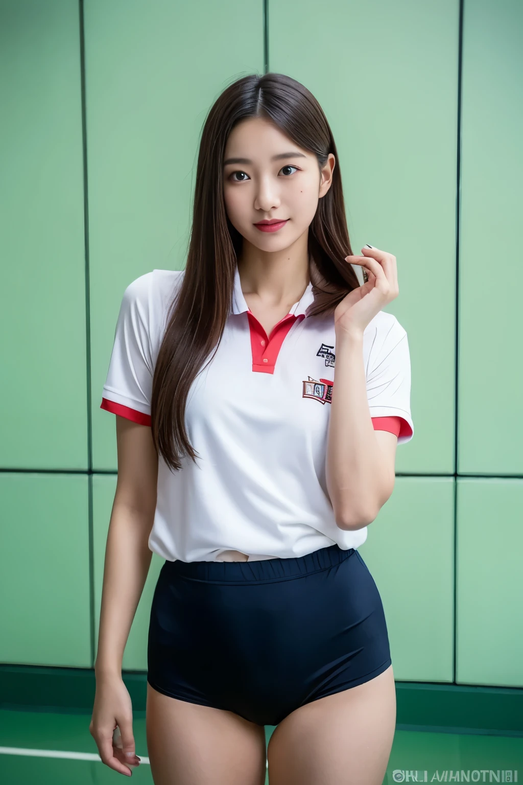 (Photos are real: 1.4), (Surrealism: 1.4), (actual: 1.3), (soft light: 1.05), (improved lighting: 0.9), 32k, 1 girl, 20 year old girl, actual lighting, backlight, Coordinating Minister, Ray tracing, (whitening light: 1.2), (image enhancement: 1.4), ( High quality real skin: 1.4), Narrow your eyes, delicate face, Narrow your eyes, (Increase body lines and mood: 1.1), 超Big deal乳房, Big deal, (Improve skin quality and beauty: 1.1),volleyball uniform:1.4, indoor_volleyball_court_background:1.4, thighs thighs thighs thighs, protrude , crotch