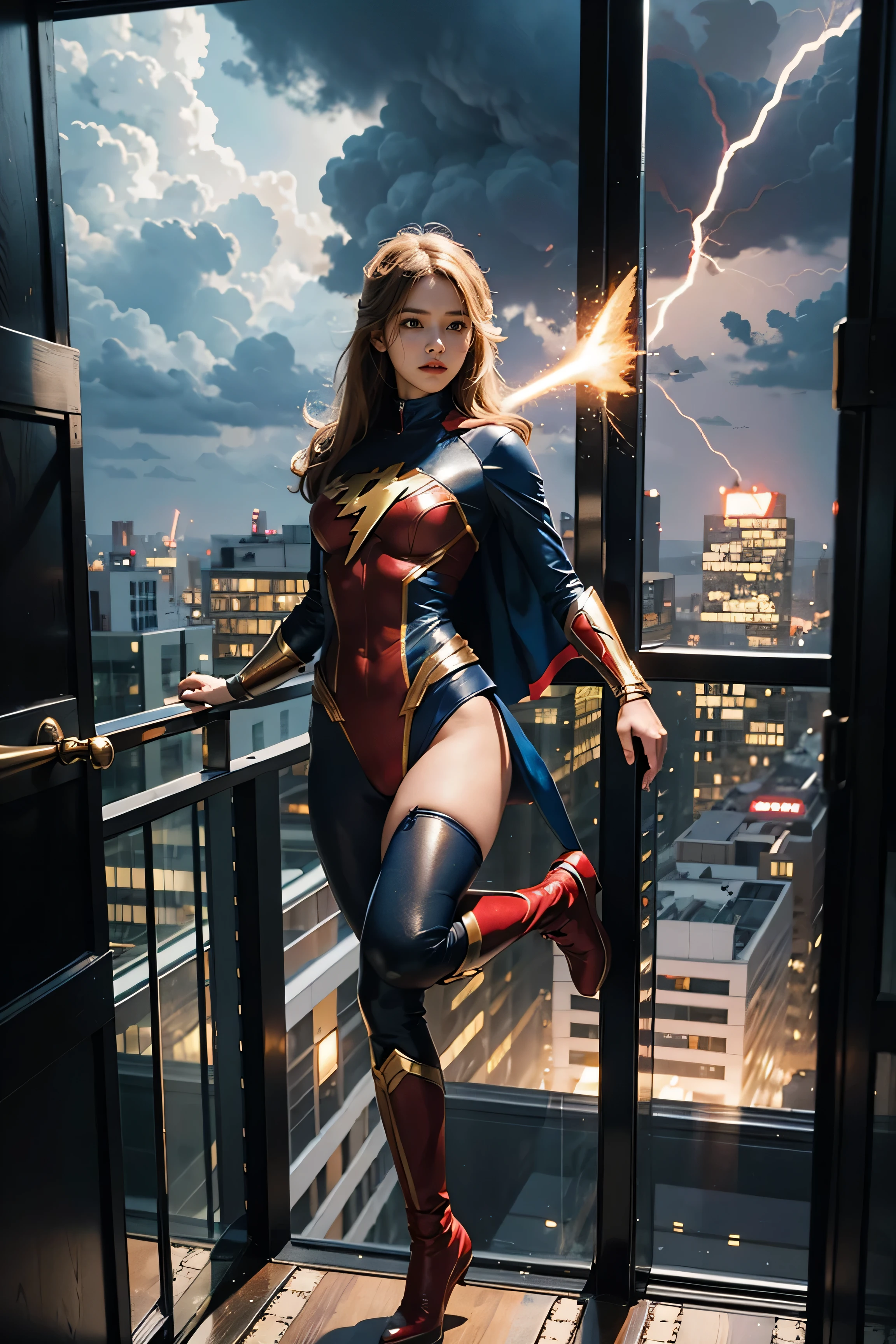 1 girl , hero , (superhero costumes) , reception , view of high-rise buildings , female superhero floating in the air , There were flashes of lightning all around her , revealing outfits , fullbody