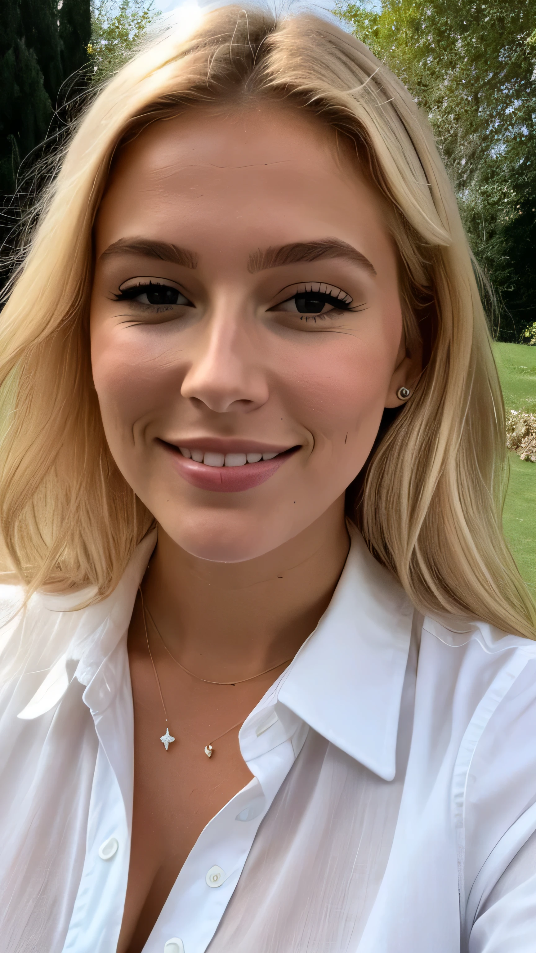 une femme blonde de 23 ans dans un jardin, photoréalisme, Cheveux blonds avec des racines châtain clair, cheveux blond, Cheveux avec des racines brunes, cheveux très longs, yeux bleus, belle femme souriante et maquillée, vue de face, Gros plan sur le visage, chemise blanche élégante, short en jean bleu sexy, haute qualité, selfie, chemise blanche élégante