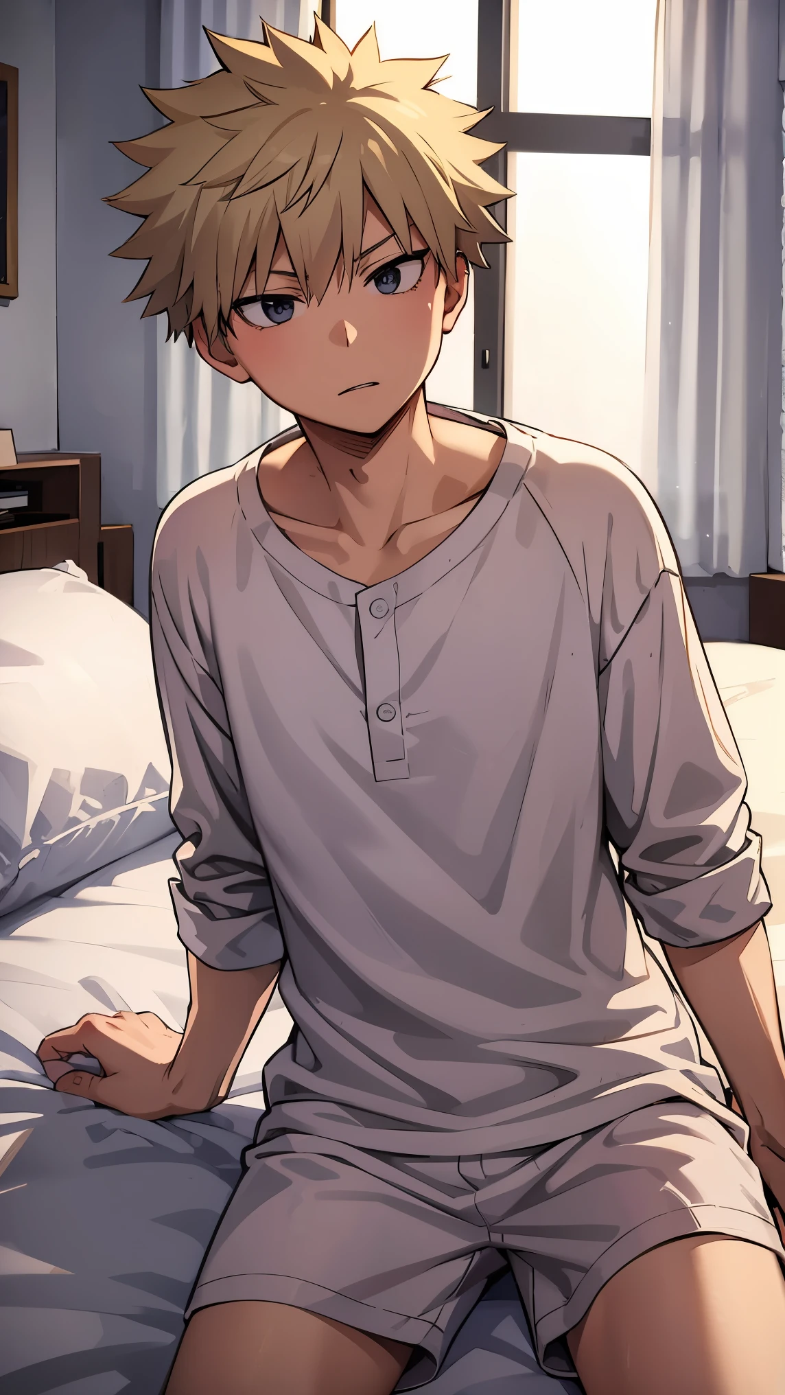 Bakugo Katsuk، laying on bed, weak up, wear pijama, man, 