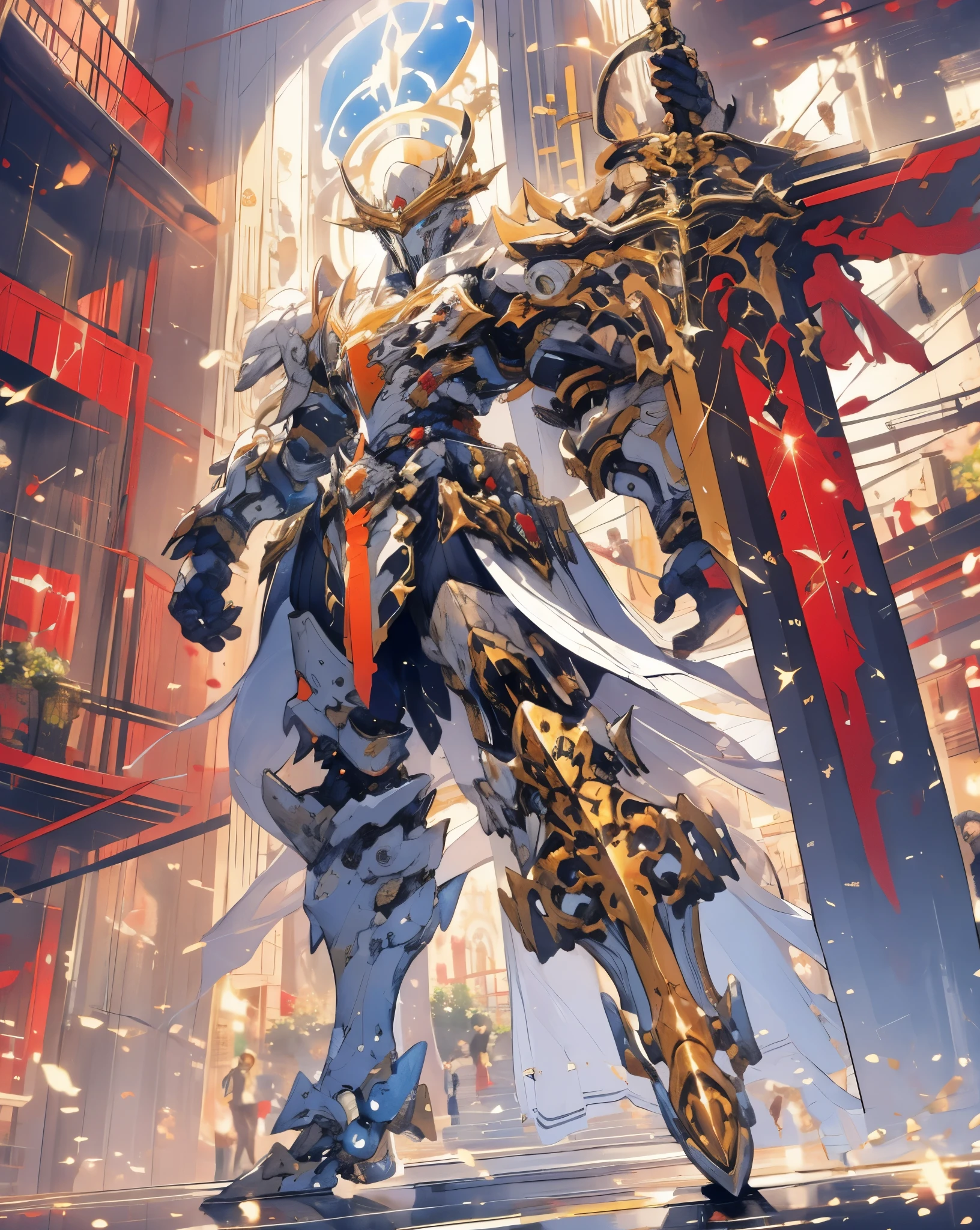 Masterpiece, Cyborg king, epic, holding a giant Lance, Divine power, heavenly, Light infused energy, ultra high quality, , HDR, hyper-detailing, cinematic light,celestial castle, RTX, 8k