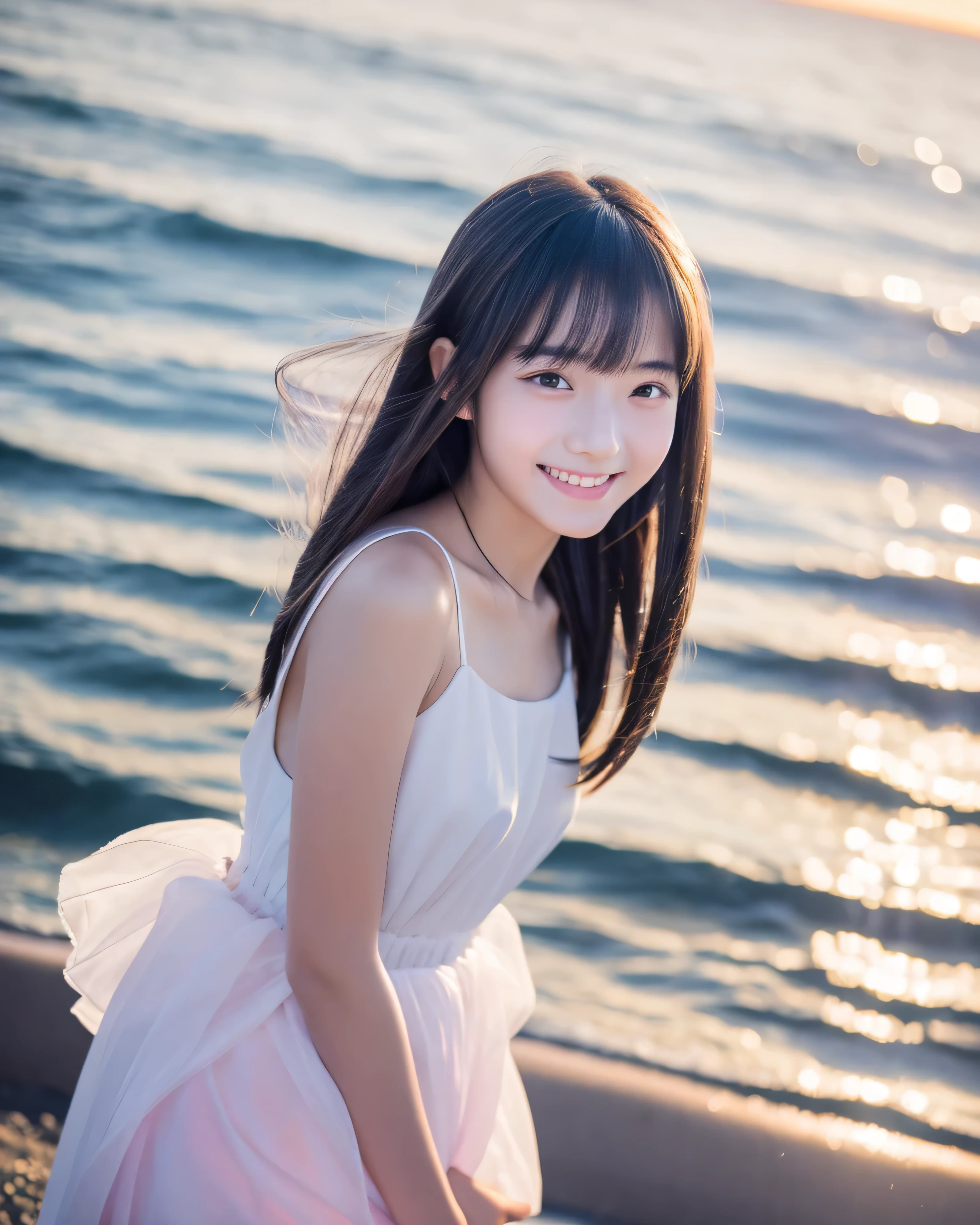 beautiful japanese girl 14 years old fine silver hair long thin straight hair asymmetrical bangs big magic eyes detailed moisturized eyes happy smile smooth soft skin pale pink lip Seaside at sunset Beautiful transparent sea Ankle-deep in the sea White Princess Dresses raise the hem of the skirt high resolution chest professional lighting professional photographer