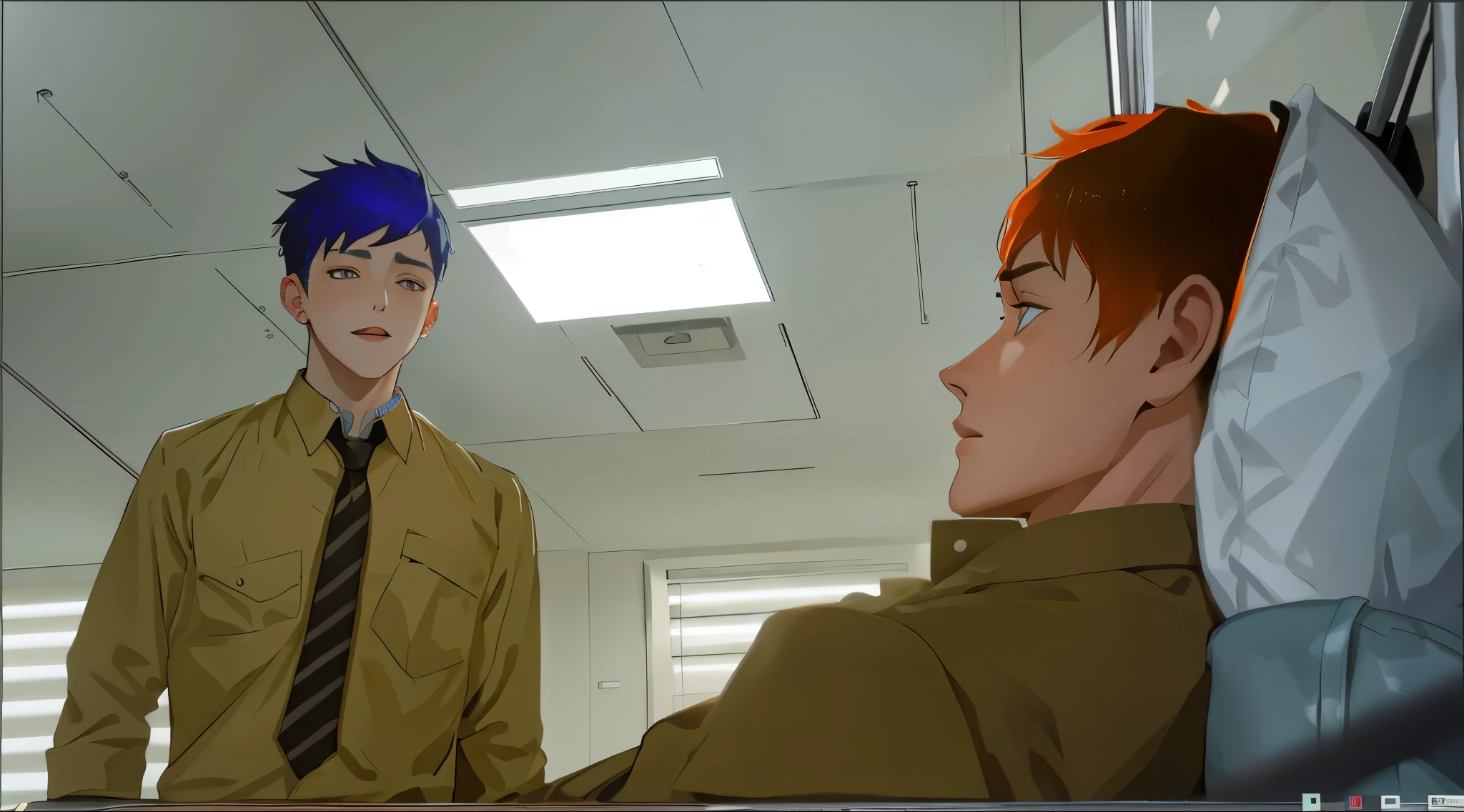 There are 2 cute big-eyed boys, one is sick on a stretcher and the other looks at him lovingly, one has gray hair and the other has orange hair.