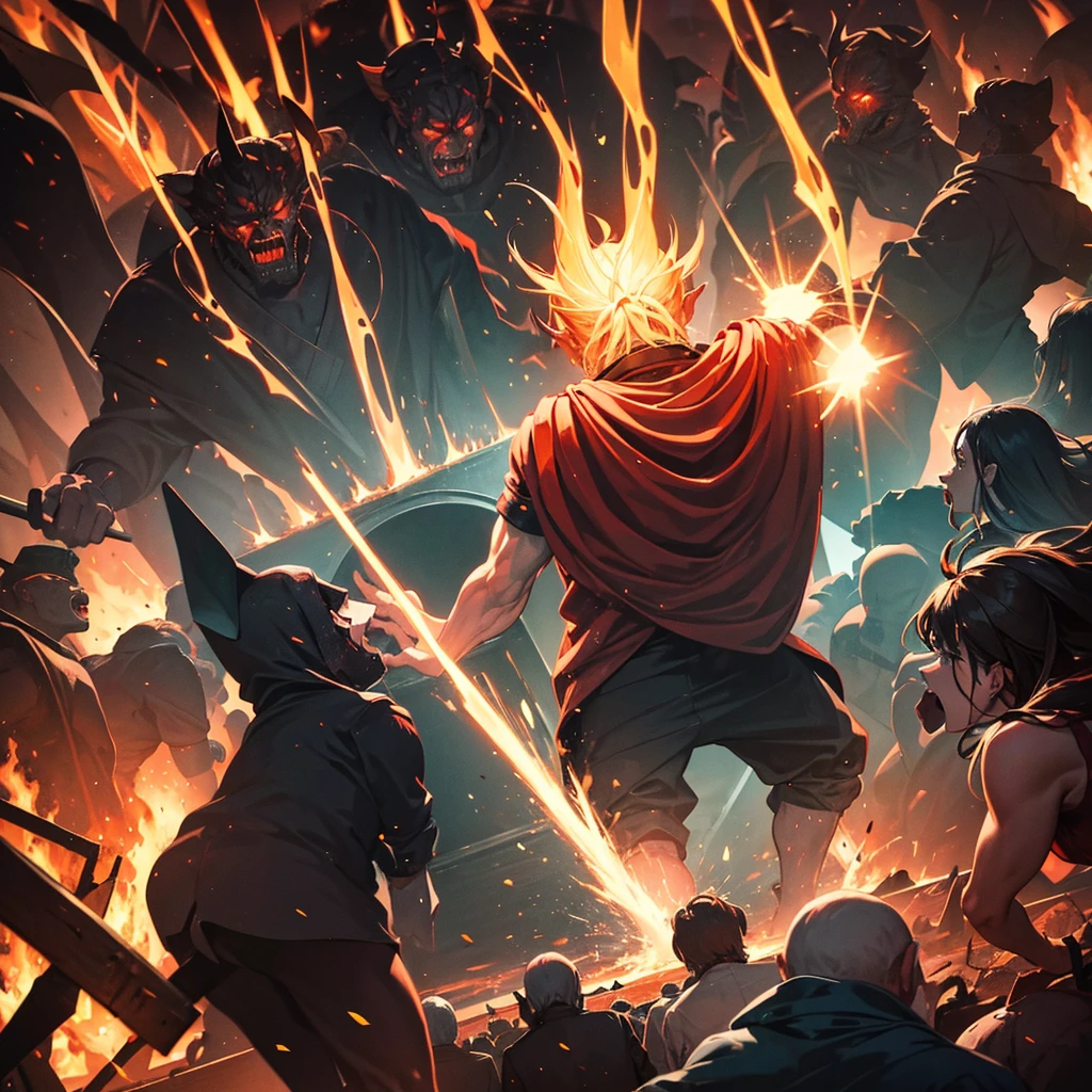 a crowd of human, in hell of fire, surounding a man, shouting louder, screaming,in a giant valley,