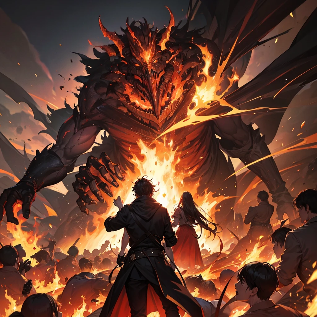 a crowd of human, in hell of fire, surounding a man, shouting louder, screaming,in a giant valley,