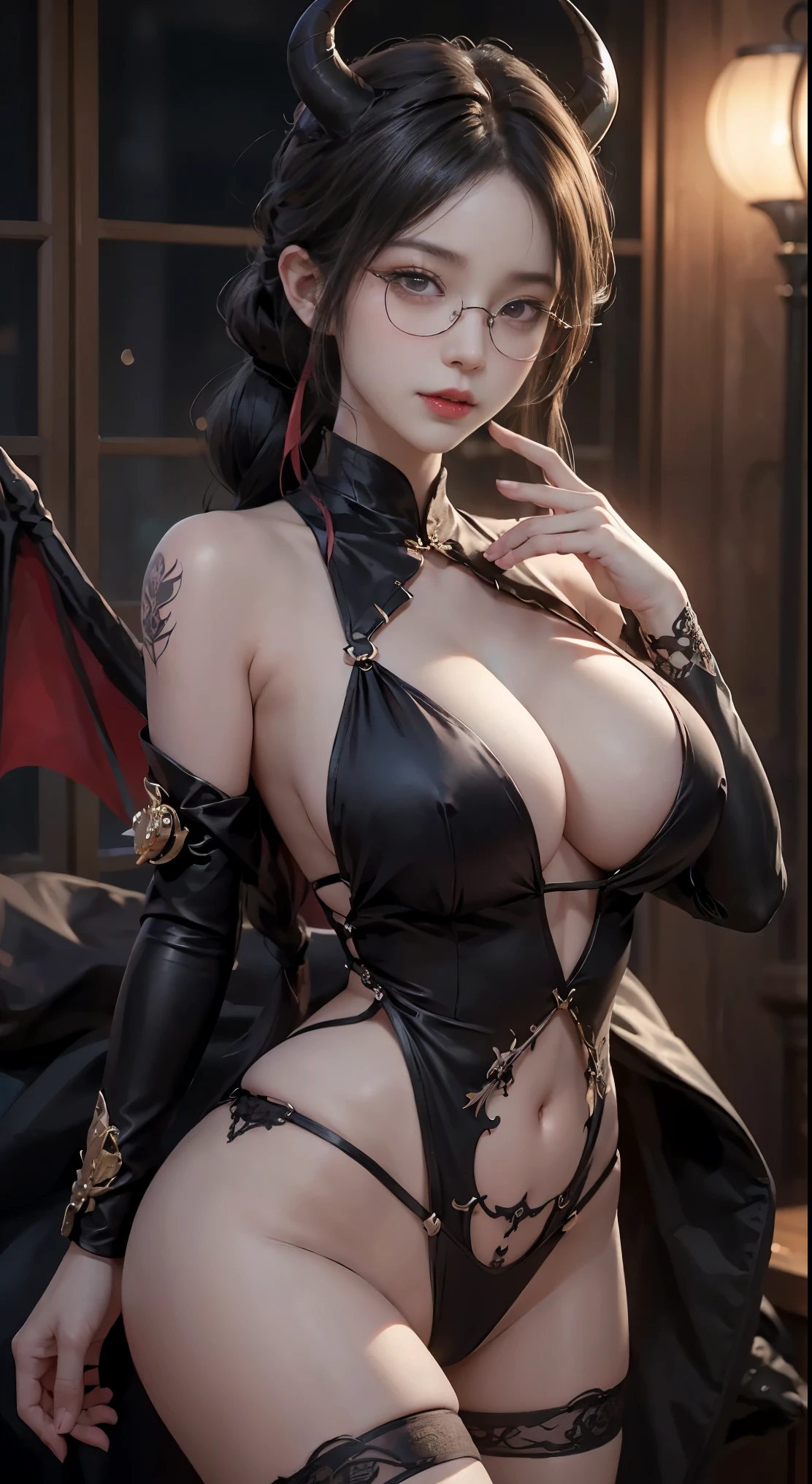OKですかですか、(best illustrations)、8k UHD resolution、intricate details、highest quality、realistic、Super detailed、best lighting、best shadows、soft lighting、Ultra HD、超realistic、Tyndall effect、Photoreal、(high detail skin:1.2)、 (intricate details, compensate, face to face with the children_v1:0.5), (OK, beautiful and delicate face, OKですか, beautiful and delicate eyes, perfectly proportioned face, high resolution skins, fine skin, Optimal ratio of 4 fingers and 1 thumb, arm under chest, red tattoo on lower abdomen、wow wow, wide hips, smooth abdomen, thin and thin skin, __fashion__, __hair__:1.25)、Digital single-lens reflex camera、 absurd、地獄から来た美しいdevilの女性, Surreal female portraits by David Hockney and Alphonse Mucha, Portrait of a seductive woman、fantasy art, chinese doll、Chinese actress、dungeon、dragon、devil'Palace of、devil'torture chamber、night、dark style 、in the dark、(detailed spooky background:0.8), magic、 1 girl、evil nun、dark necromancer、Succubus、devil'Daughter of、Shinonome Umi、bat wings,(((devil'Horn)))、 ((((giant glasses, otaku glasses, thick glasses, round glasses)))),(((big breasts)))、(devil'tail)、(red eyesは光り輝いて:1.6)、red eyesは非常に鮮明で詳細です, your eyes are made up so beautifully, ((red eyes:1.0)),intricate tattoo, demonic intricate tattoo, Tattoo on the thigh, body tattoo, masterpiece、the most beautiful face、baby face、cute smile、beautiful plump red lips、muscular seductive body、devil'seductive body、devil style、Fascinating black magic costume、(((光沢のある赤い蛇が彼女body ofに巻き付いています)))、The long-haired、Braid、Black hair、Ponytail distortion、, Ponytail with a bow tied at the back of the hair, beautiful expression、body up、big breasts強調、bust, super tight chest, Breast augmentation surgery, The chest is very large and round,tight waist、wide ass、 secret key, cowboy lens, (Black Phoenix Dress: 1.0), devil crown, red sparkling gemstone necklace、Jewelry G Wise, Please wear black mesh socks,wearing a thin red and black robe, Hands pull the straps to expose sexy breasts, Protagonist Close-up, nffsw, nffsw, meet beautiful girls, looking at girl'body of,(upper body portrait), Protagonist Close-up