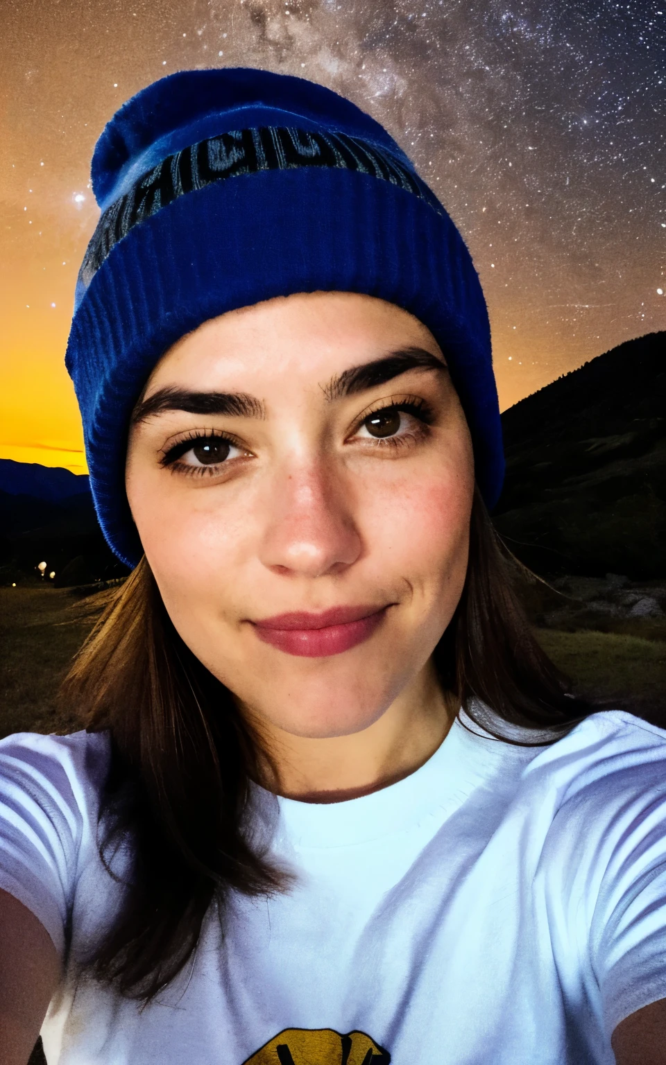 photograph, photo of beautiful woman, selfie, upper body, solo, wearing Nirvana tshirt, outdoors, (night), mountains, real-life nature, stars, moon, cheerful, happy, gloves, sweater, beanie, looking at viewer, skin texture, photo grain, close up, RAW photo