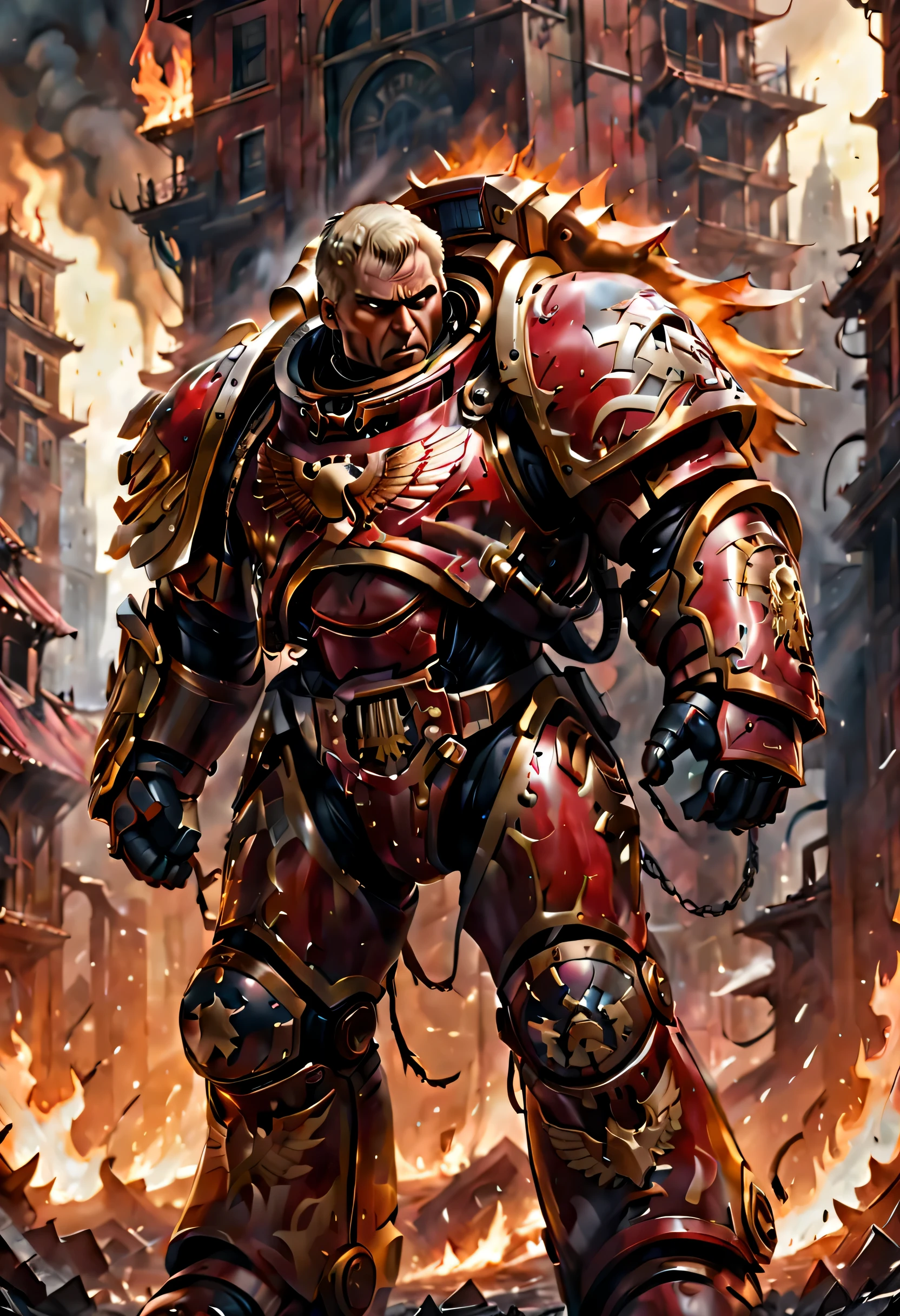 full body drawing, Warhammer 40K universe,Knight red armor ,male marine, bronze color hair, blood angels, Mechanical suit of red and gold armor,Intense war-like environment,Destroyed buildings and flames,The background is a futuristic cityscape,severe and threatening atmosphere,High contrast and desaturated tones,Dramatic and dynamic lighting effec quality,4k,highres,(masterpiece:1.2),ultra-detailed,(realistic,photorealistic,photo-realistic:1.37)