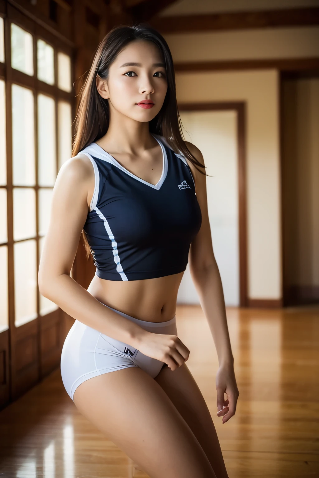 (Photos are real: 1.4), (Surrealism: 1.4), (actual: 1.3), (soft light: 1.05), (improved lighting: 0.9), 32k, 1 girl, 20 year old girl, actual lighting, backlight, Coordinating Minister, Ray tracing, (whitening light: 1.2), (image enhancement: 1.4), ( High quality real skin: 1.4), Narrow your eyes, delicate face, Narrow your eyes, (Increase body lines and mood: 1.1), 超Big deal乳房, Big deal, (Improve skin quality and beauty: 1.1),volleyball uniform:1.4, indoor_volleyball_court_background:1.4, thighs thighs thighs thighs, protrude , crotch
