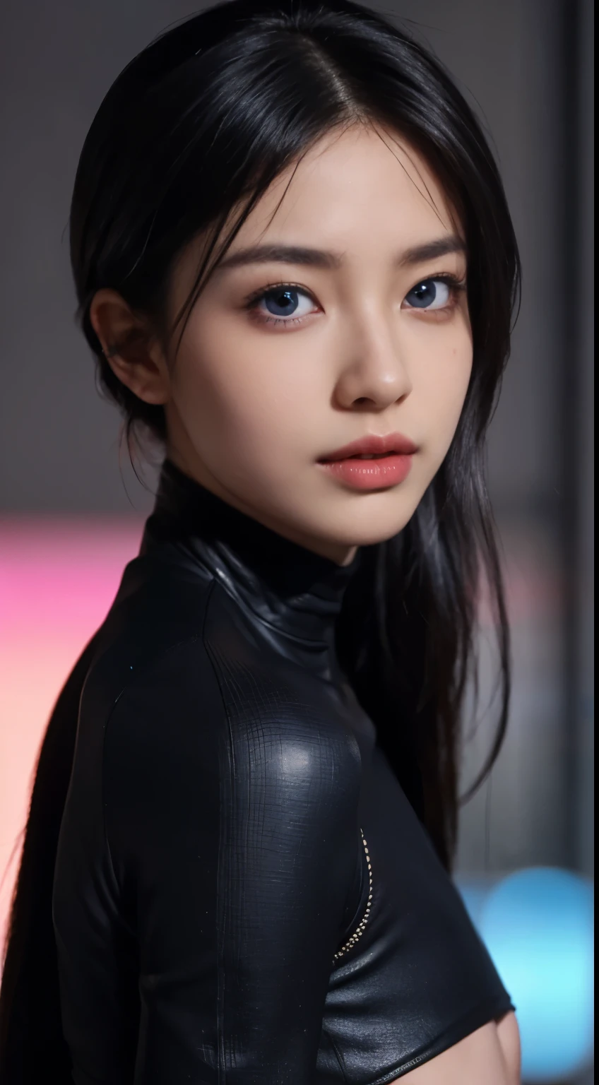 8k, top quality, 复杂的detail, 超detail, ultra high resolution, masterpiece, ((close-up)), shot from behind , look away from viewer, thin and long, Without smiling, (cosmetic: 0.4), (蓬松的blue eyes: 1.21), blue eyes,, ((whole body)), 1 girl, alone, 1 girl, (( whole body)), close-up, permanent ,look away , holding a gun, Photography from behind, ((High)), (((toned body))), (((face slimming))), sharp face, sharp vision, ((( black hair, long hair ))), (detailed face), sharp face, small lips, thin lips,
(( Cyberpunk woman, Woman in futuristic suit )), detailed face, detailed breast, , Big breasts, detail, , beautiful girl,Have slender abdominal muscles: 1.4, Six-pack abs: 1.4, Bust Botox, big deal, Perfect body, detail leg, ),((close-up)), cyberpunk background,