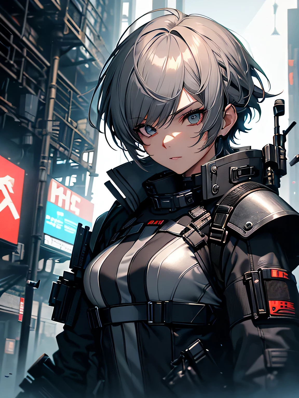 "Systemic symptoms (from foot to head), front, 1 girl, short hair、gray hair、Beautiful cyberpunk dressed in armor and short hair. nod、Modania、the image must be surreal, Has a very detailed face. Texture resolution must be 16k."With an assault rifle in hand