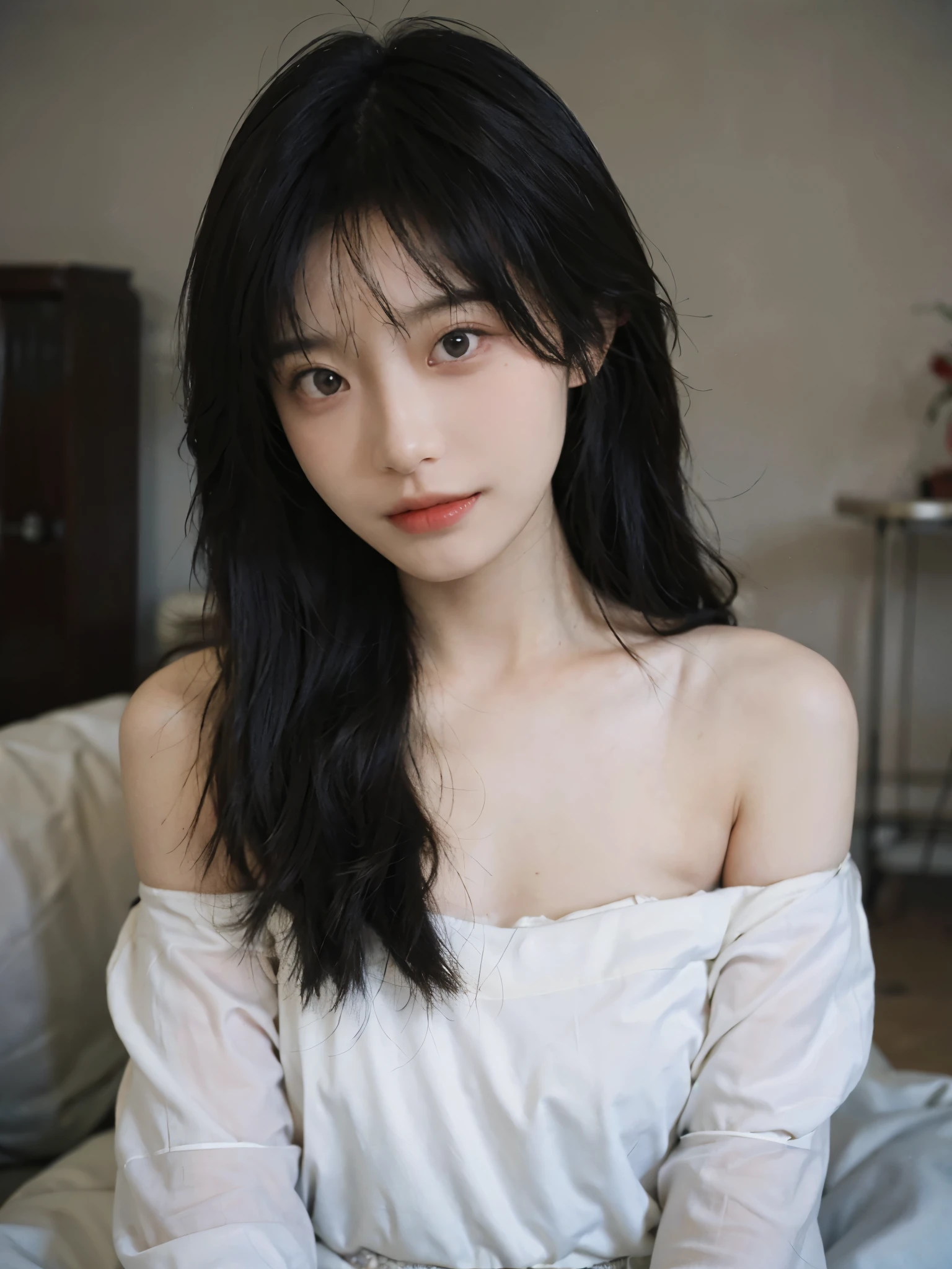 Film portrait photography, 1 girl, bare shoulders, Shoulder length wavy hair, white wedding dress, (Realistic and detailed eyes, natural skin texture, Realistic facial details), Soft dramatic lighting, depth of field, Bokeh, Vibrant details, Detailed and detailed, surreal, 35mm film, hazy, ,