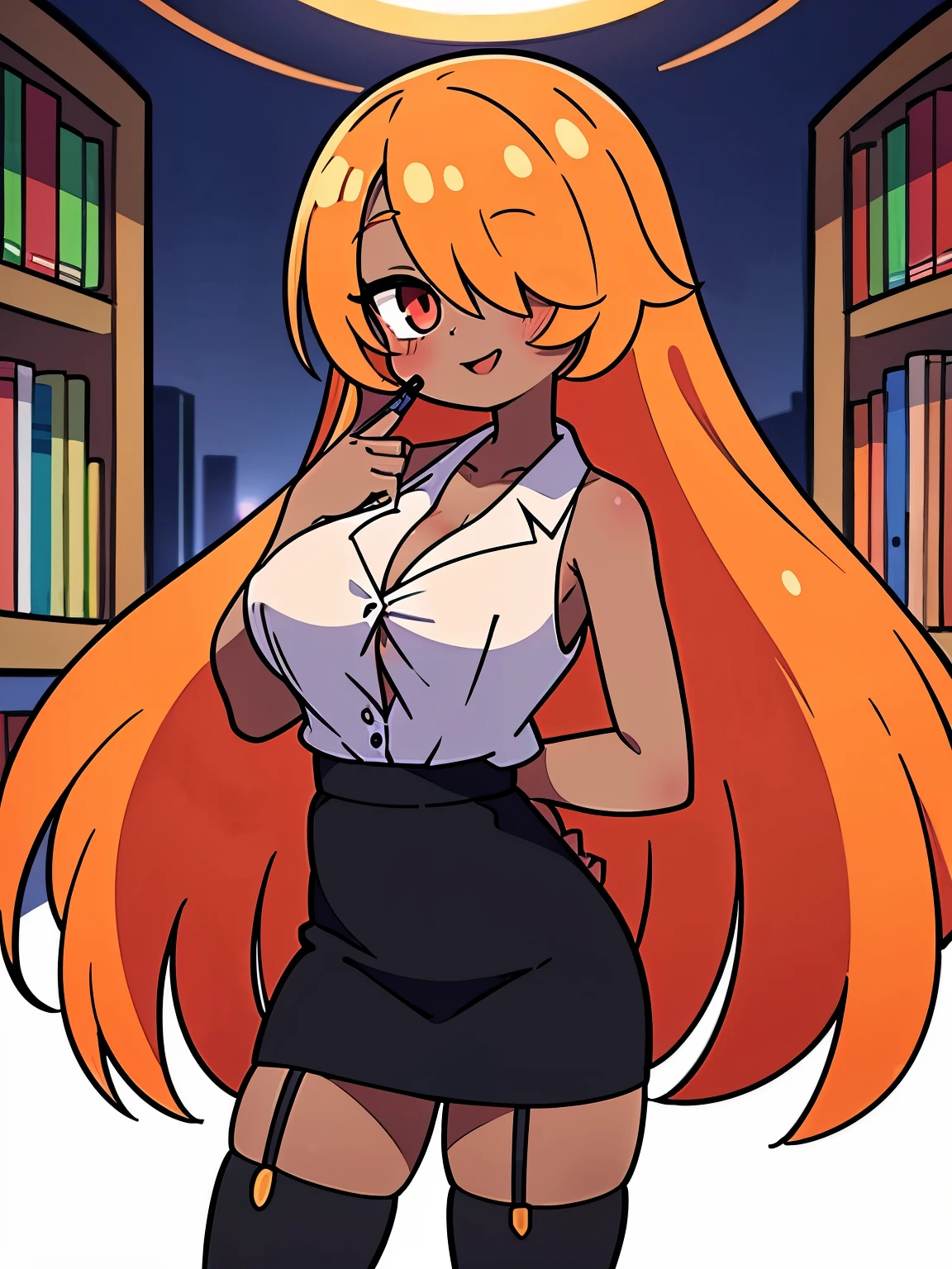 beautiful woman,dark skin,gorgeous full lips,gigantic breasts,deep cleavage,thin body,extra long flowing hair,orange hair,bright red eye,((hair covering one eye)),naughty expression,tight sleeveless button-up shirt,tiny pencil skirt,thigh-high leggings,garter straps,high heels,extreme blushing,in a library,finger in front of mouth, smiling, standing with legs apart