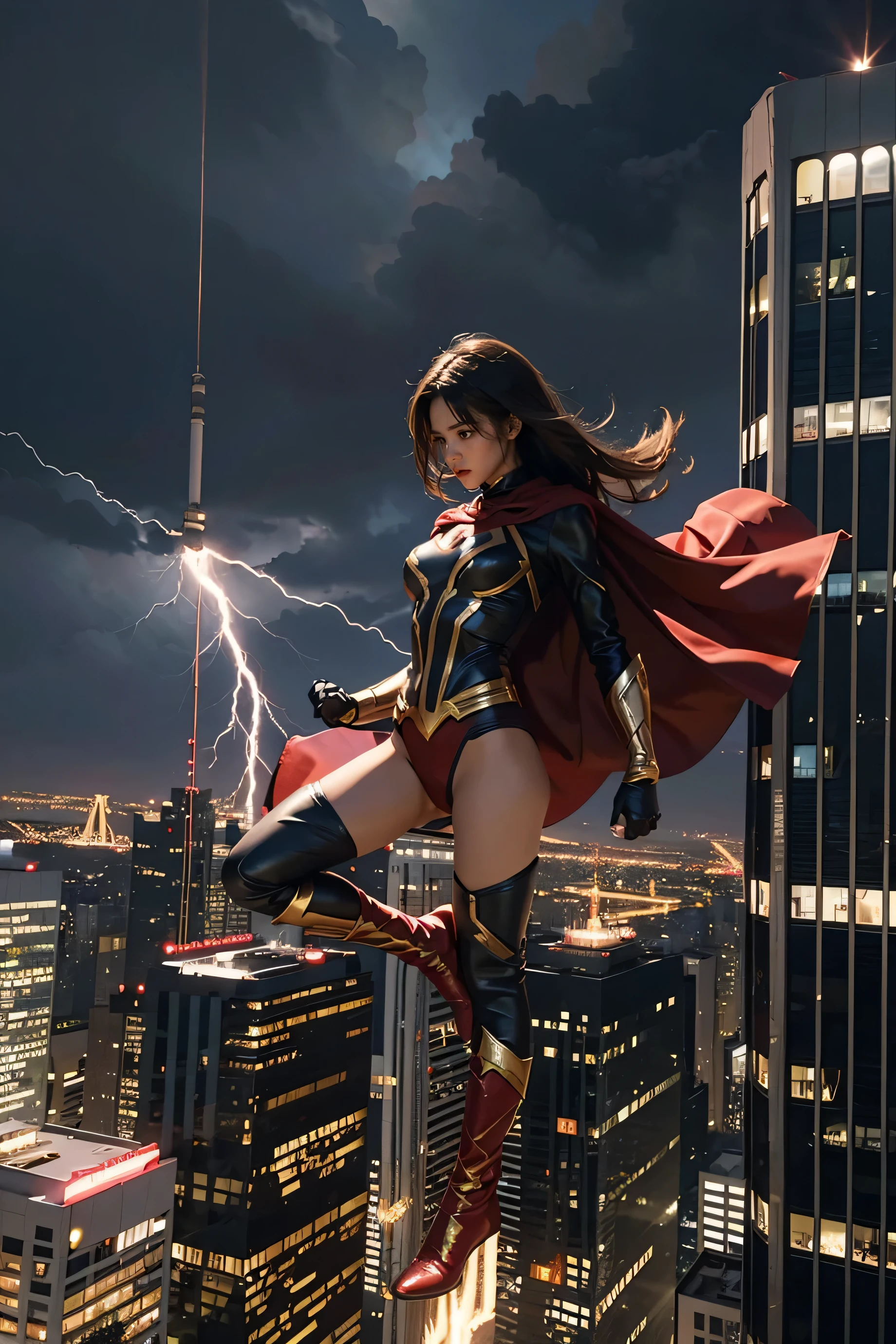 1 girl , hero , (superhero costumes) , reception , view of high-rise buildings , (Female superhero flying in the air) , There were flashes of lightning all around her , revealing outfits , fullbody , she can fly