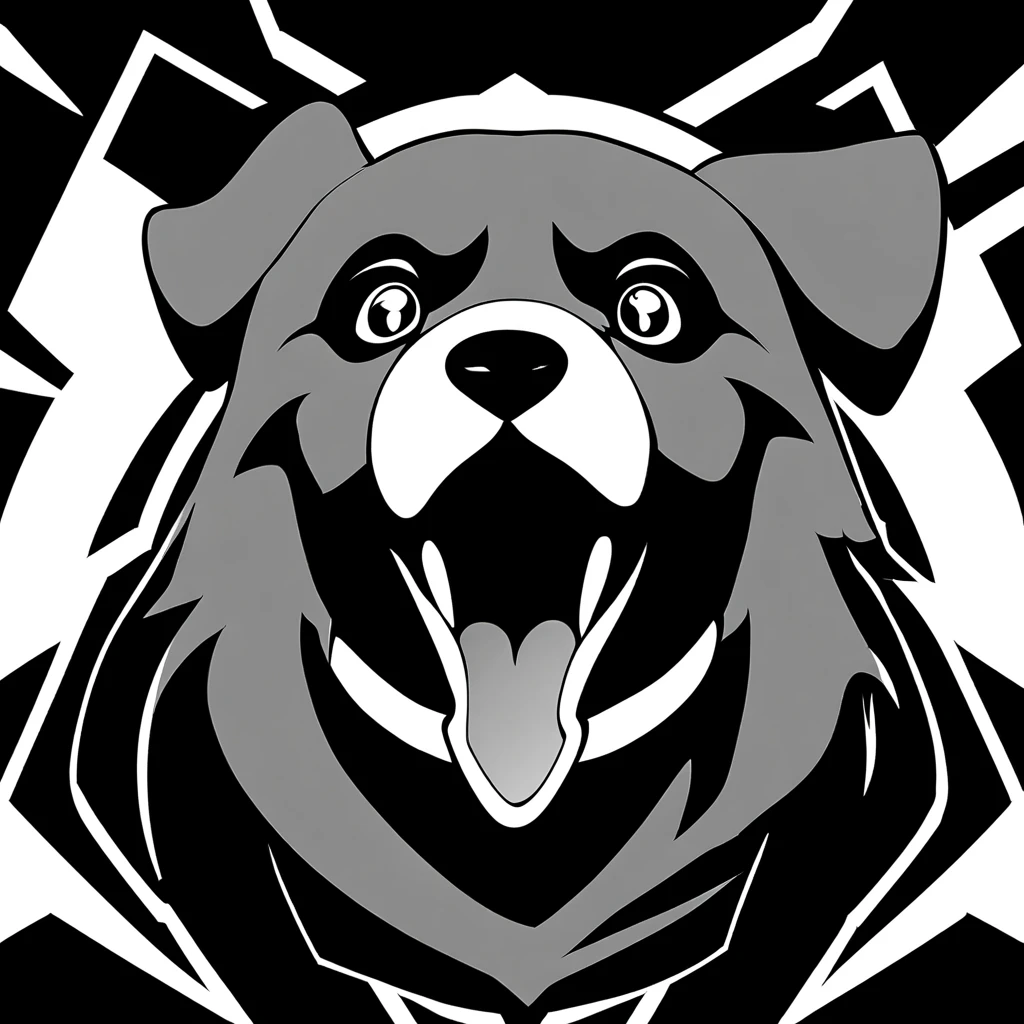 monochrome, greyscale, no humans, black background, comic, emblem,dog