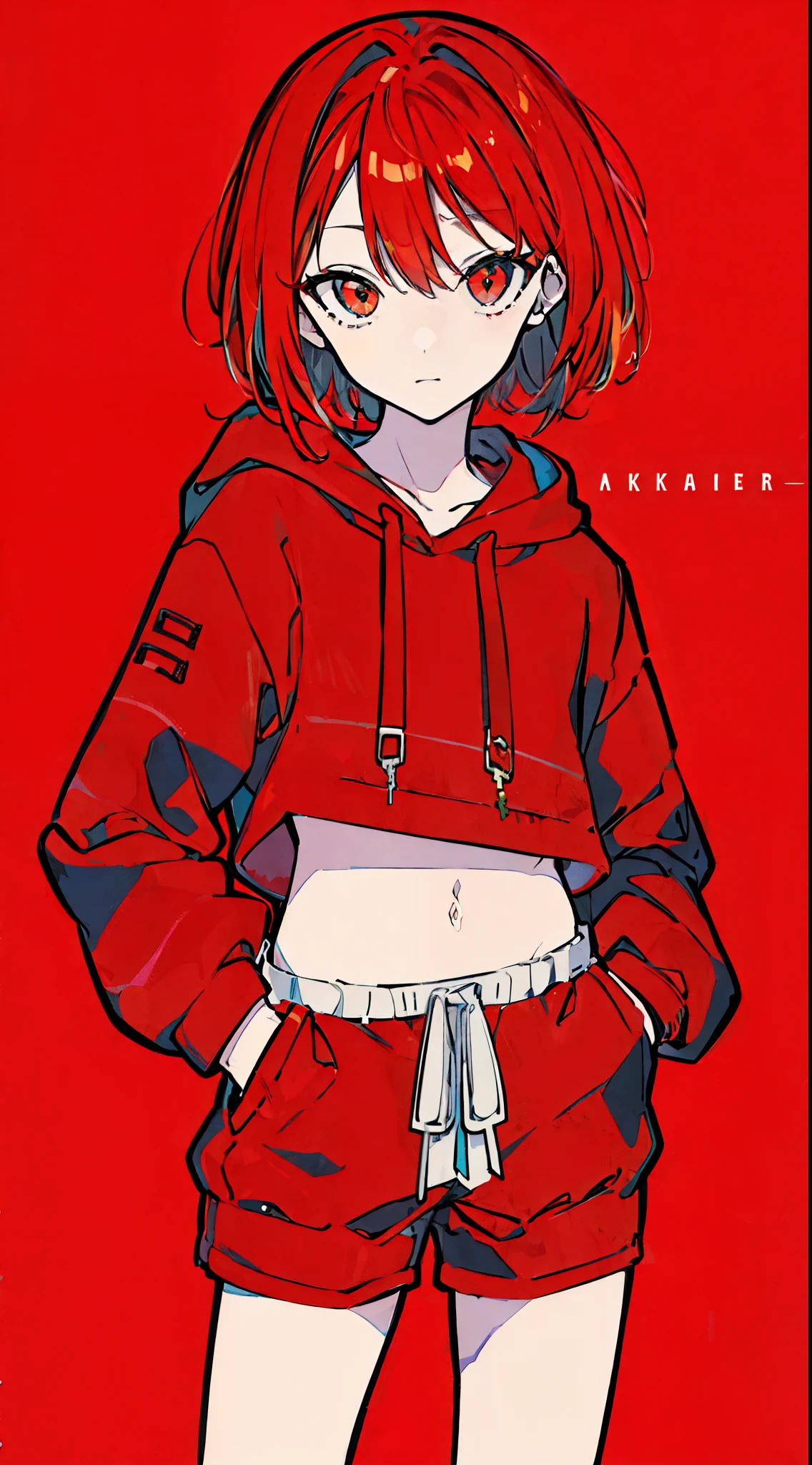 (masterpiece, highest quality:1.6), alone, thick outline, (simple background, bright red background, monochrome, bright red theme:1.2), official art, Key Visual, 8K, confused, whole body, (Unique hair, oversized hoodie, hot pants, arch back, short torso:1.2), belly button, thighs, cowboy shot, HDR, sharp focus, High resolution, most detailed, very detailed, Super detailed, finely, detailed eyes and face, sharp pupils, realistic student, alone, contrast between red and yellow, alone, hands in pockets