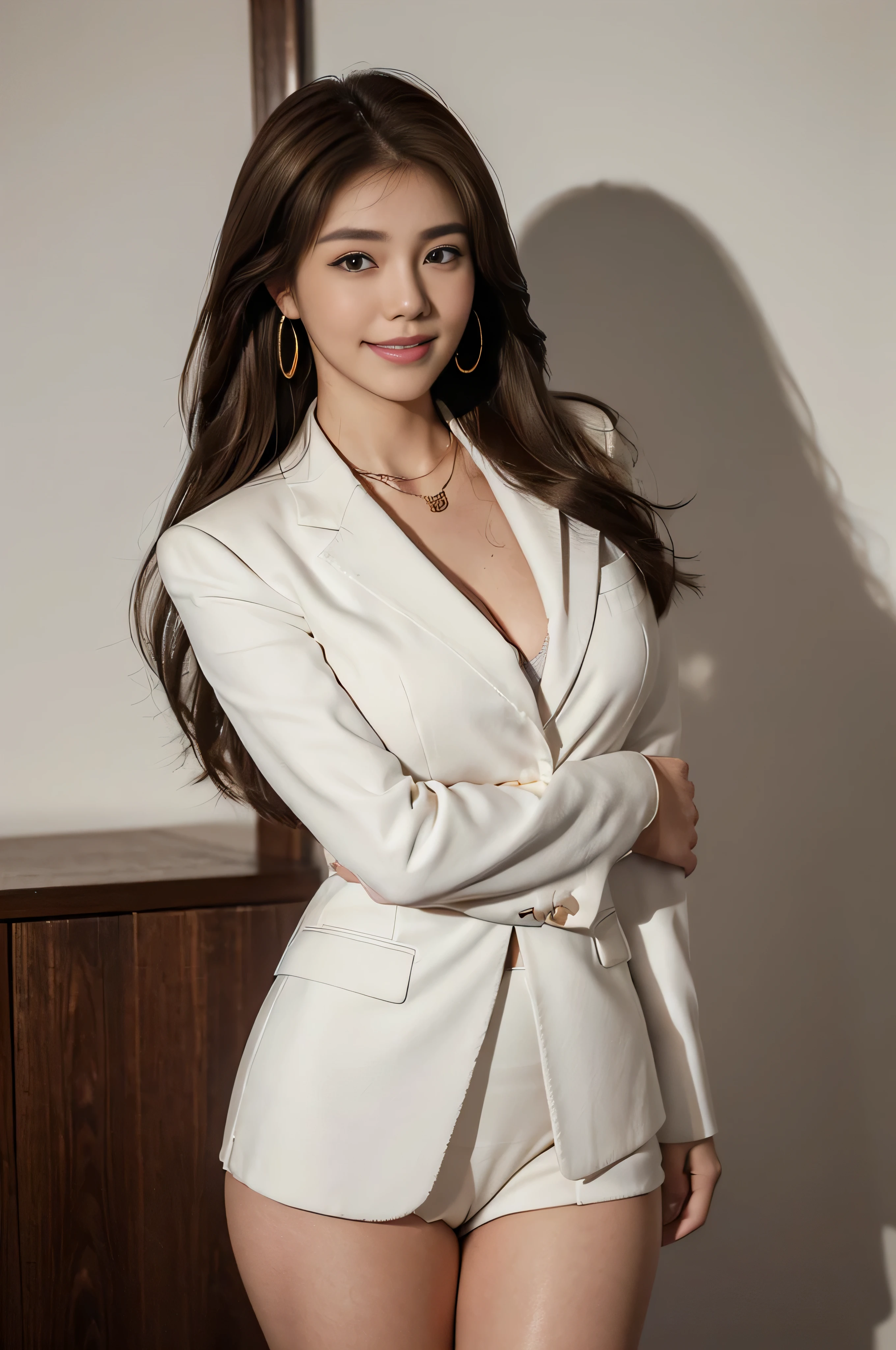 ((japanse beatiful girl:1.3))((white tailored suit:1.4))((panty shot:1.5))((office girl)),((white long sleeve button blouse_brown tweed miniskirt:1.3)), ((Super long brown hair_Long hair that reaches the waist:1.2)),((Hair with loose waves inside:1.2)),((gold necklace_Large earrings:1.2)),((In the office:1.3)) ((thin_fabric:1.4)) (((random sexy pose:1.3)) ((sweaty:1.5))((face flushed:1.4)) ((medium breasts:1.4)) ((Close-up:1.2)) highest quality、masterpiece、ultra high resolution、(photorealistic:1.4)、Raw photo、(real skin texture:1.3)、(film grain:1.3)、panorama、character portrait、very wide shot、narrow waist、cowboy shot、(in the dark、deep shadow、moderate、in the cold light、)night、(())、flowing tears、、dust、Tyndall effect、(expression),1girl,beautiful detailed eyes and face,white jabot,brown eyes,((brown hair:1.2)) ((whole body:1.3)) ((smile:1.3))