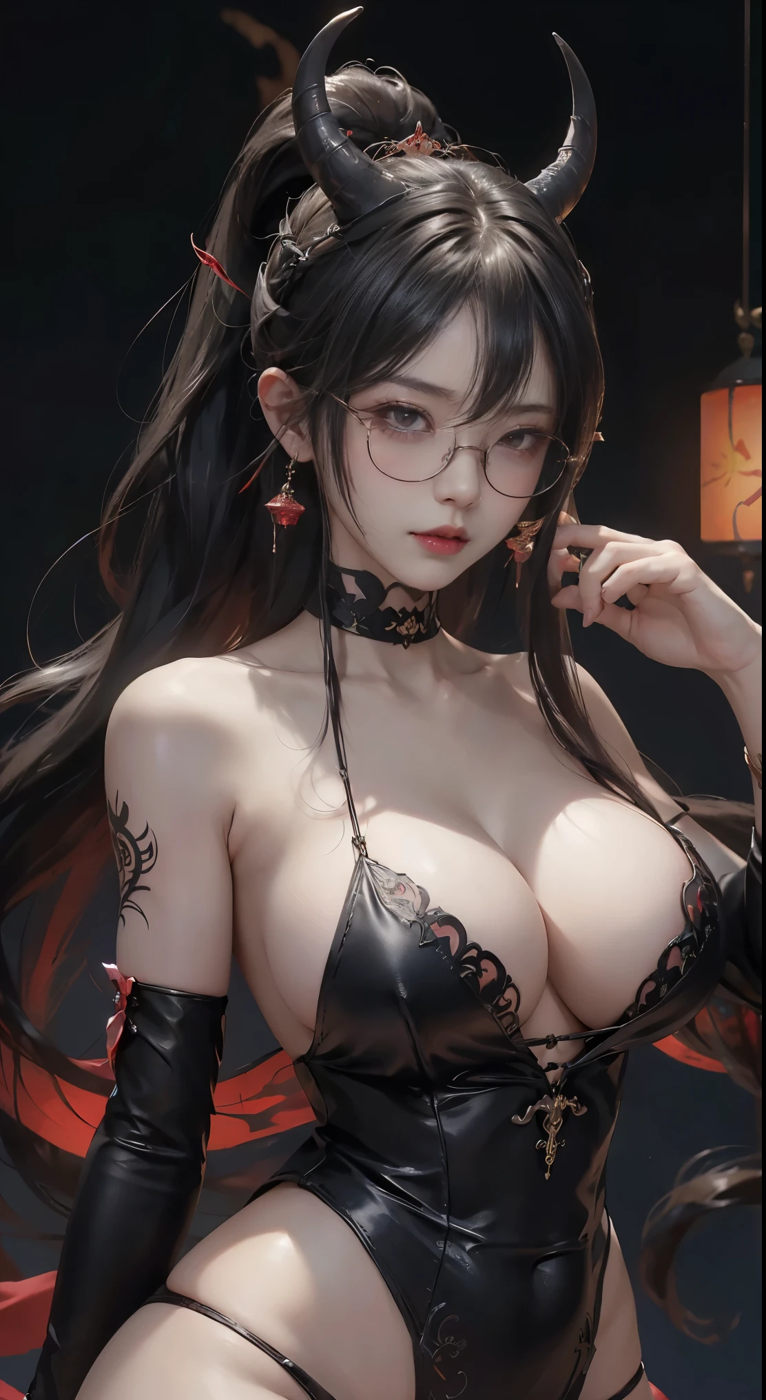 OKですかですか、(best illustrations)、8k UHD resolution、intricate details、highest quality、realistic、Super detailed、best lighting、best shadows、soft lighting、Ultra HD、超realistic、Tyndall effect、Photoreal、(high detail skin:1.2)、 (intricate details, compensate, face to face with the children_v1:0.5), (OK, beautiful and delicate face, OKですか, beautiful and delicate eyes, perfectly proportioned face, high resolution skins, fine skin, Optimal ratio of 4 fingers and 1 thumb, arm under chest, red tattoo on lower abdomen、wow wow, wide hips, smooth abdomen, thin and thin skin, __fashion__, __hair__:1.25)、Digital single-lens reflex camera、 absurd、地獄から来た美しいdevilの女性, Surreal female portraits by David Hockney and Alphonse Mucha, Portrait of a seductive woman、fantasy art, chinese doll、Chinese actress、dungeon、dragon、devil'Palace of、devil'torture chamber、night、dark style 、in the dark、(detailed spooky background:0.8), magic、 1 girl、evil nun、dark necromancer、Succubus、devil'Daughter of、Shinonome Umi、bat wings,(((devil'Horn)))、 ((((giant glasses, otaku glasses, thick glasses, round glasses)))),(((big breasts)))、(devil'tail)、(red eyesは光り輝いて:1.6)、red eyesは非常に鮮明で詳細です, your eyes are made up so beautifully, ((red eyes:1.0)),intricate tattoo, demonic intricate tattoo, Tattoo on the thigh, body tattoo, masterpiece、the most beautiful face、baby face、cute smile、beautiful plump red lips、muscular seductive body、devil'seductive body、devil style、Fascinating black magic costume、(((光沢のある赤い蛇が彼女body ofに巻き付いています)))、The long-haired、Braid、Black hair、Ponytail distortion、, Ponytail with a bow tied at the back of the hair, beautiful expression、body up、big breasts強調、bust, super tight chest, Breast augmentation surgery, The chest is very large and round,tight waist、wide ass、 secret key, cowboy lens, (Black Phoenix Dress: 1.0), devil crown, red sparkling gemstone necklace、Jewelry G Wise, Please wear black mesh socks,wearing a thin red and black robe, Hands pull the straps to expose sexy breasts, Protagonist Close-up, nffsw, nffsw, meet beautiful girls, looking at girl'body of,(upper body portrait), Protagonist Close-up