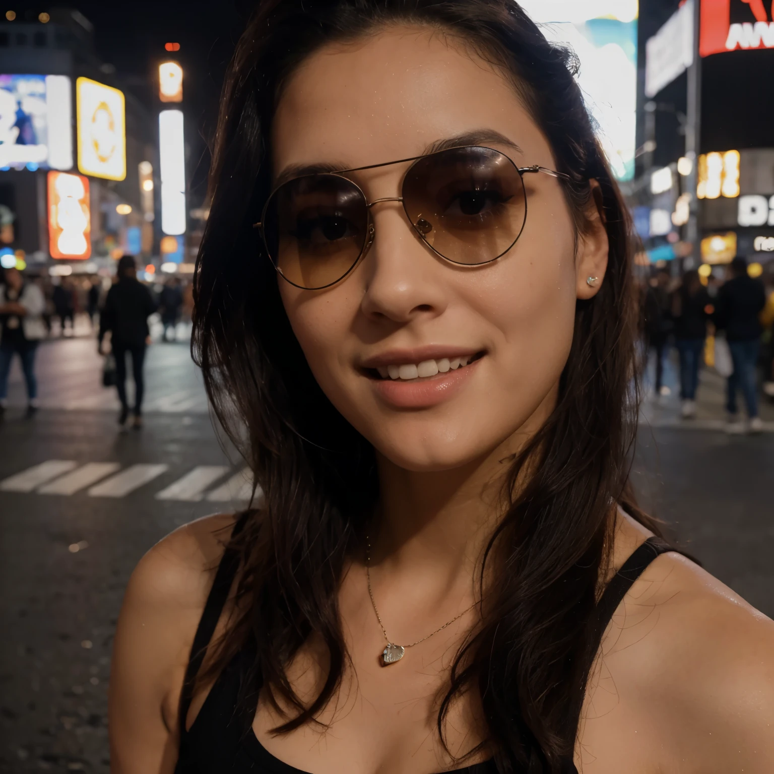 rosto da mulher jovem (sorridente, black sunglasses), at the bottom of the Time Square sidewalk (com pessoas andando), night time. selfie, vista frontal, 4k, cinematographic, fotorealistic, realismo, nitidez dos detalhes, Ultra-HD, foto