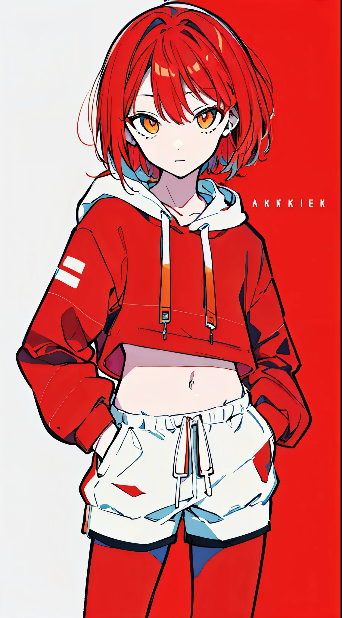 (masterpiece, highest quality:1.6), alone, thick outline, (simple background, bright red background, monochrome, bright red theme:1.2), official art, Key Visual, 8K, confused, whole body, (Unique hair, oversized hoodie, hot pants, arch back, short torso:1.2), belly button, thighs, cowboy shot, HDR, sharp focus, High resolution, most detailed, very detailed, Super detailed, finely, detailed eyes and face, sharp pupils, realistic student, alone, contrast between red and yellow, alone, hands in pockets