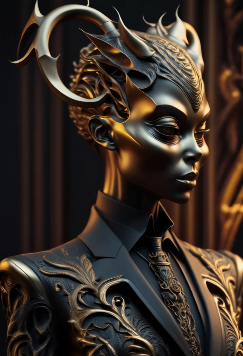 A stylized human with a gazelle face, standing, formally dressed, wearing a jacket and tie, very elegant clothing, high fashion, ((very realistic)), 4k, cinematic, DOF, bokeh, ((dark black background)), sf, intricate art masterpiece, sinister, matte painting movie poster, golden ratio, trending on cgsociety, intricate, epic, trending on artstation, by artgerm, h. r. Giger and Beksinski, highly detailed, vibrant, production film character representation, ultra high quality model