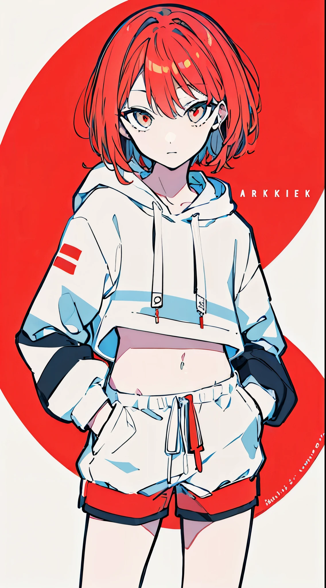 (masterpiece, highest quality:1.6), alone, thick outline, (simple background, bright red background, monochrome, bright red theme:1.2), official art, Key Visual, 8K, confused, whole body, (Unique hair, oversized hoodie, hot pants, arch back, short torso:1.2), belly button, thighs, cowboy shot, HDR, sharp focus, High resolution, most detailed, very detailed, Super detailed, finely, detailed eyes and face, sharp pupils, realistic student, alone, contrast between red and yellow, alone, hands in pockets