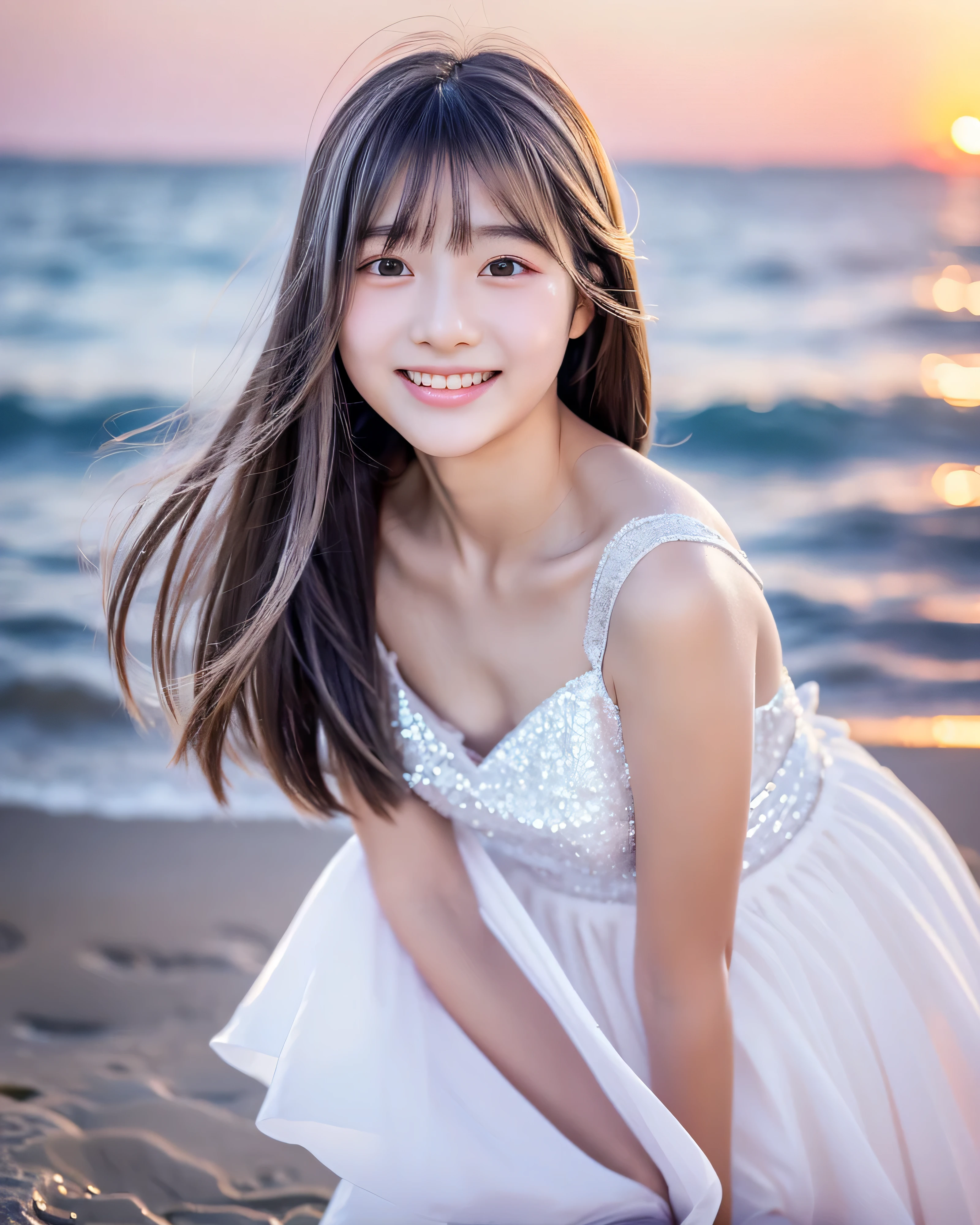 beautiful japanese girl 14 years old fine silver hair long thin straight hair asymmetrical bangs big magic eyes detailed moisturized eyes happy smile smooth soft skin pale pink lip Seaside at sunset Beautiful transparent sea Ankle-deep in the sea White Princess Dresses raise the hem of the skirt high resolution chest professional lighting professional photographer