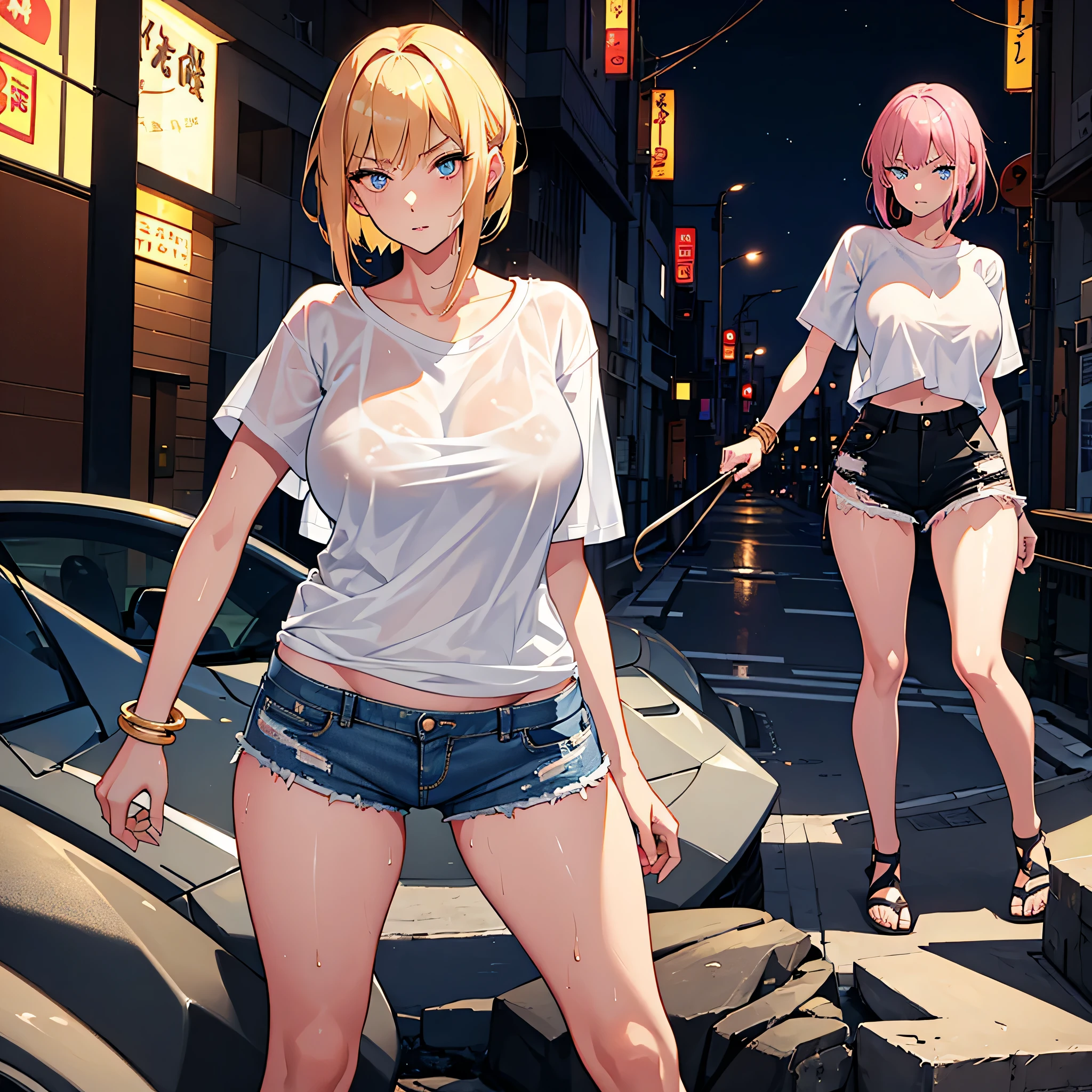  loira com cabelo curto, olhos azuis, sobrancelhas escuras, shorts jeans, 18 anos de idade, garota alta, Japan city background at night,  com seios grandes, camiseta branca molhada e rasgada ,lingerie rosa, punhal na cintura, foto de corpo inteiro, Bracelete dourado