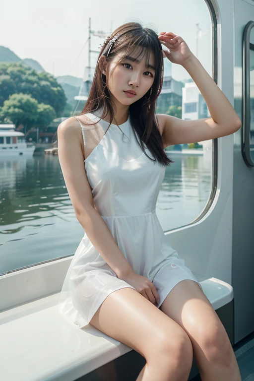 best quality, masterpiece, 1 girl, Solitary, ferry, Long hair, ferryBase, Raise your legs, Bare shoulders, Jewelry, sleeveless, White Dress, Blue Skirt, Gloves, ground room, ground, wooden ground, sit, sit on ground, Place your hands on your legs, A faint smile, Soft Light, whole body, Wide hips, Medium breasts