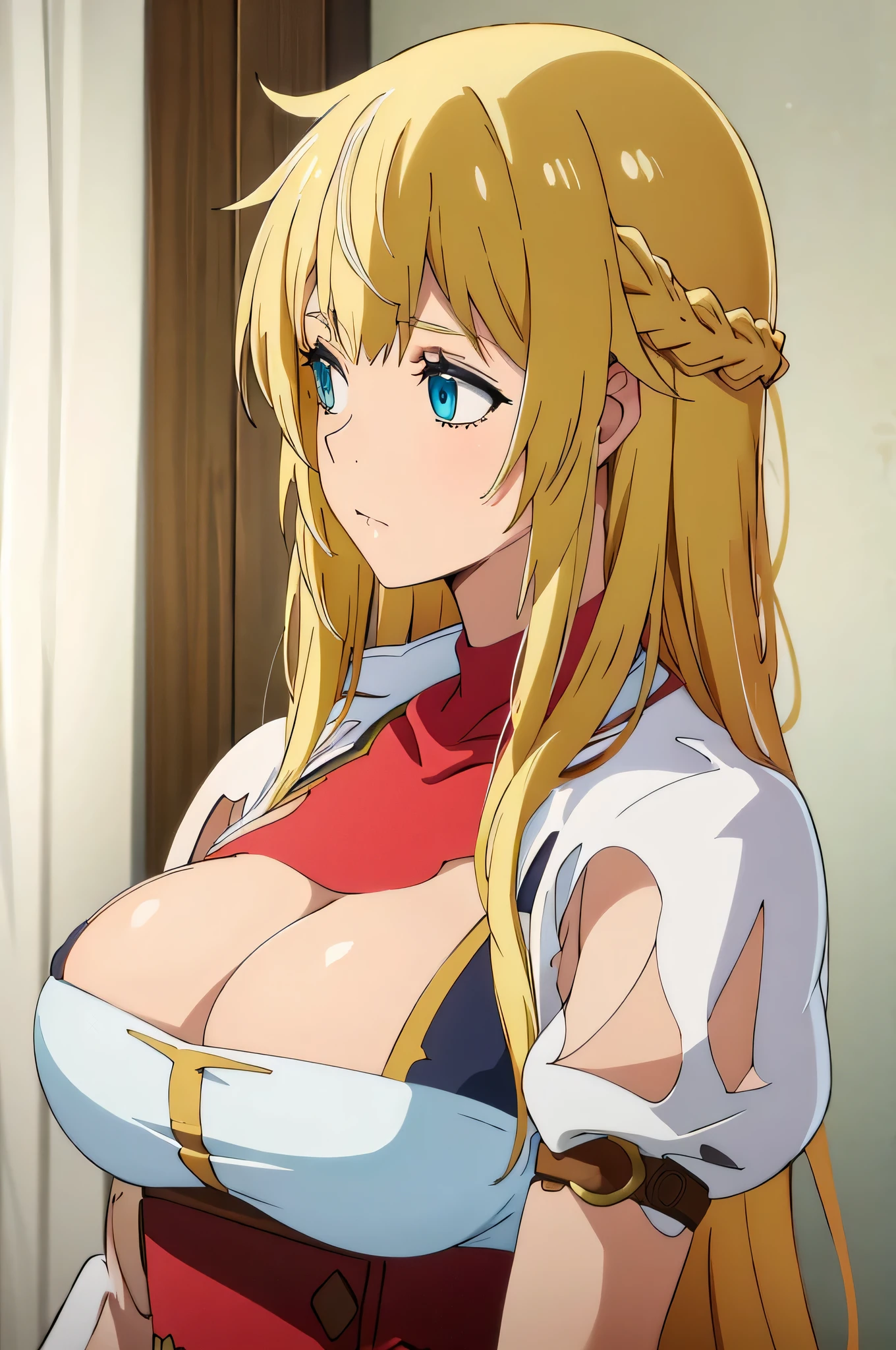 blonde hair, long hair, blue eyes,big breasts
