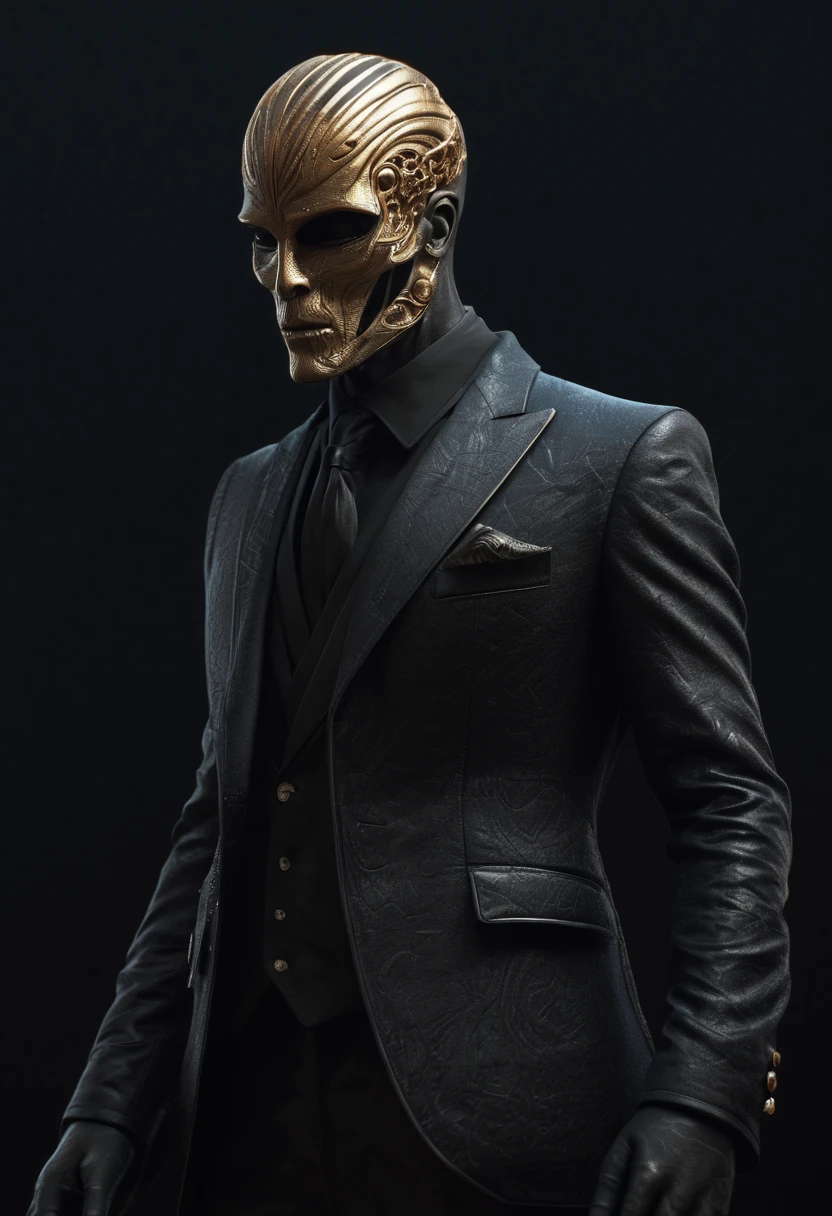 A stylized human with a gazelle face, standing, formally dressed, wearing a jacket and tie, very elegant clothing, high fashion, ((very realistic)), 4k, cinematic, DOF, bokeh, ((dark black background)), sf, intricate art masterpiece, sinister, matte painting movie poster, golden ratio, trending on cgsociety, intricate, epic, trending on artstation, by artgerm, h. r. Giger and Beksinski, highly detailed, vibrant, production film character representation, ultra high quality model