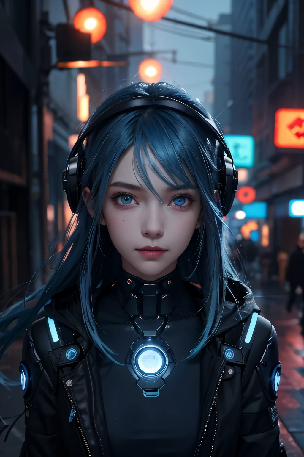 a class up, of a girl, perfect face, blue hair, eyes with radiant lights, a cyberpunk skin, on a street with several lights, background blur, cinematic image high quality full hd, perfect image without errors, image rich in details .