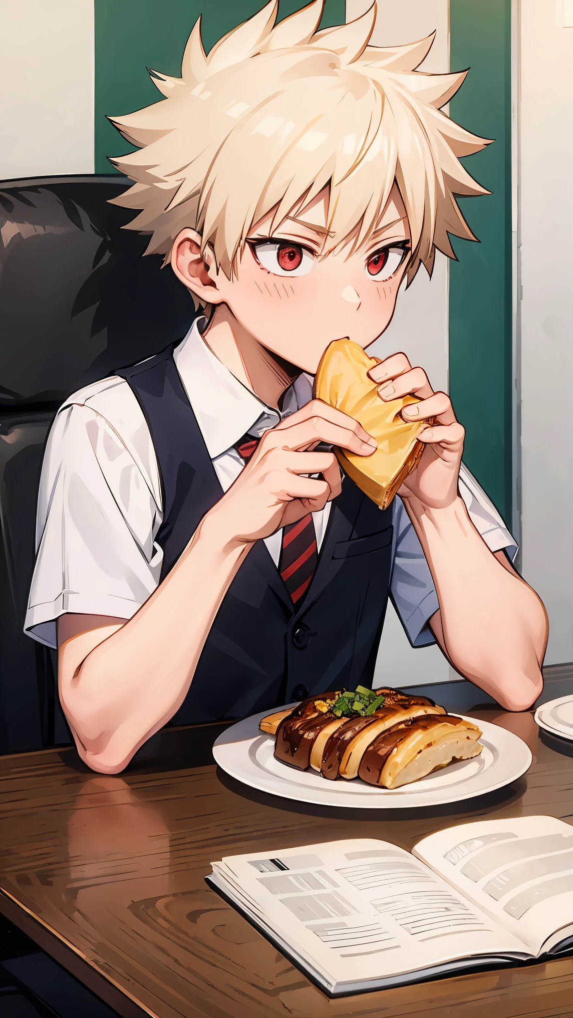  Bakugo Katsuk   lboy,Blonde hair, Short hair ,Red eyes, short hair, school uniform upper body , wear school uniform, set on chair, eating breakfast 