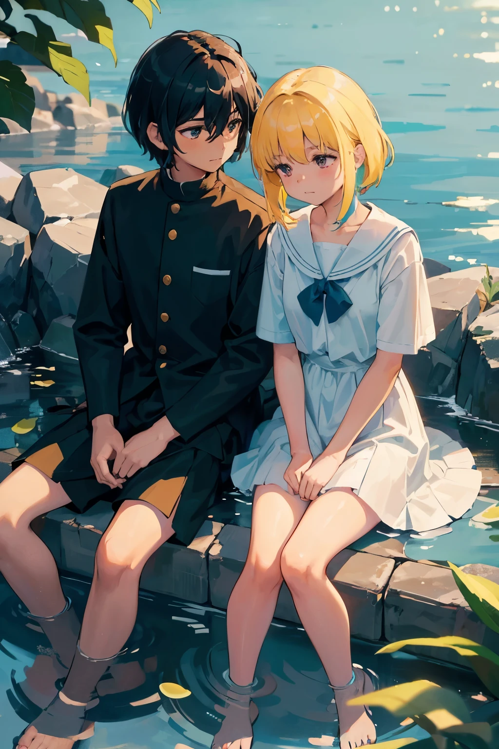 In the heart of an Indianschool borderland, two young students from the community sit casually by the river's edge. The scene is cinematic as the golden afterglow of the sun casts its long, languid shadows over their figures. The boys, dressed in their school uniforms, their legs dangling effortlessly in the cool, crystalline waters, playfully dip their toes and splash each other. The tranquility of the moment is briefly disturbed by gentle ripples on the surface, as fish swim upstream or pebbles are kicked beneath the water. An iridescent array of neon hues, reflecting off the calm water, paints a vibrant picture against