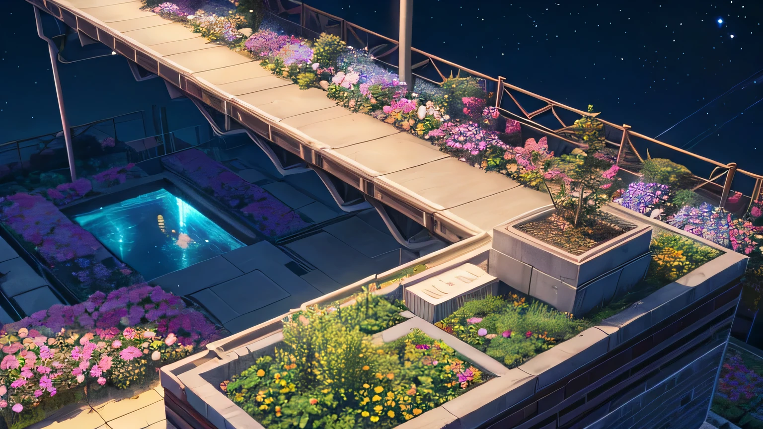 Bem acima da cidade, jardins pixelados em telhados desafiam a gravidade. Suspended platforms adorned with vibrant pixelated flora overlook the urban sprawl below. Moradores desfrutam de uma fuga tranquila, surrounded by pixel art flowers and trees against the cosmic backdrop of the night sky.