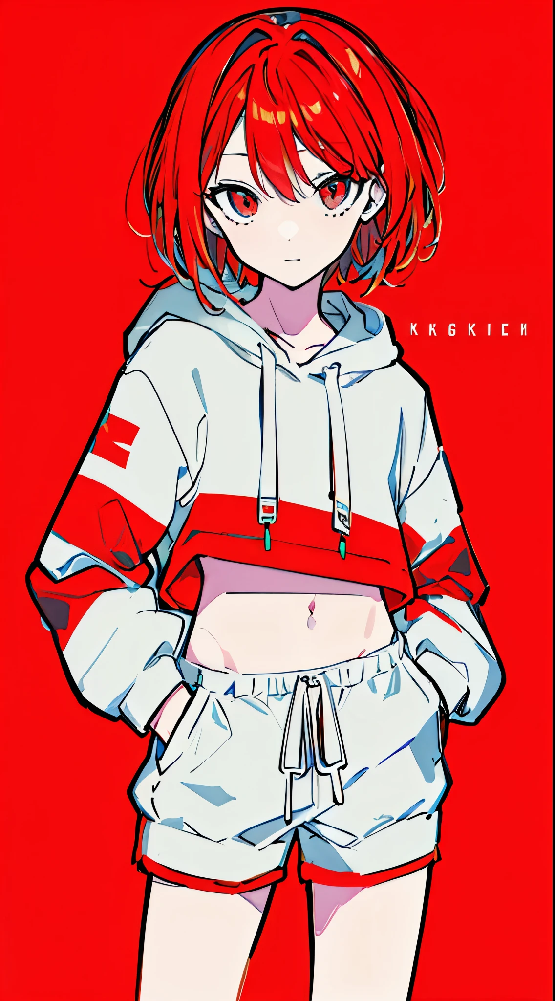 (masterpiece, highest quality:1.6), alone, thick outline, (simple background, bright red background, monochrome, bright red theme:1.2), official art, Key Visual, 8K, confused, whole body, (Unique hair, oversized hoodie, hot pants, arch back, short torso:1.2), belly button, thighs, cowboy shot, HDR, sharp focus, High resolution, most detailed, very detailed, Super detailed, finely, detailed eyes and face, sharp pupils, realistic student, alone, contrast between red and yellow, alone, hands in pockets