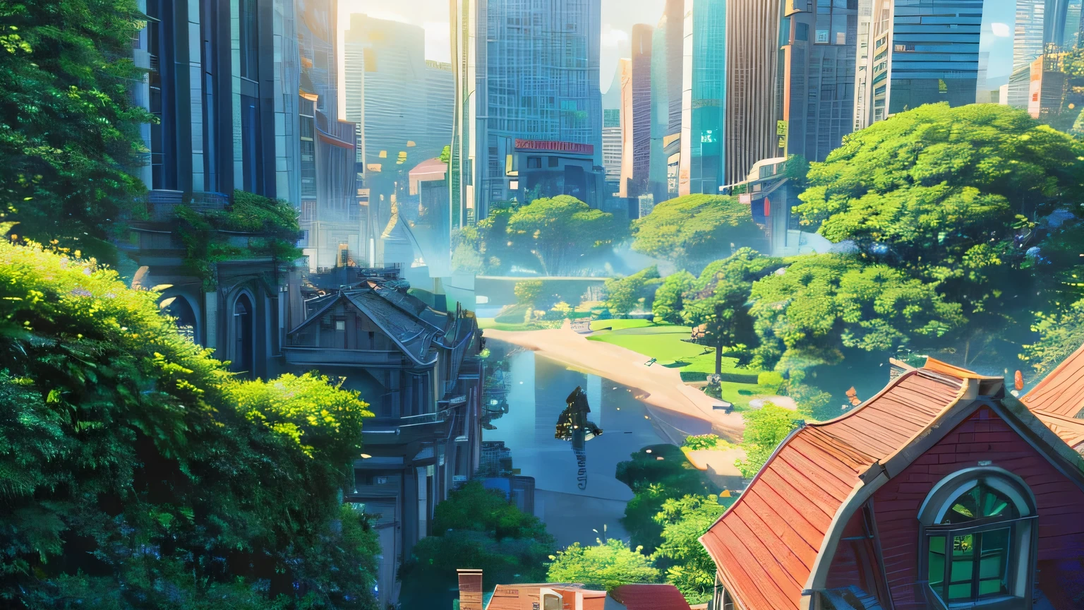 Amidst the pixelated buildings, surge um jardim escondido onde as pessoas se conectam a uma realidade virtual compartilhada. Floating pixels simulate lush vegetation, and inhabitants engage in surreal experiences, your avatars exploring fantastic landscapes while the city skyline glows in the background.