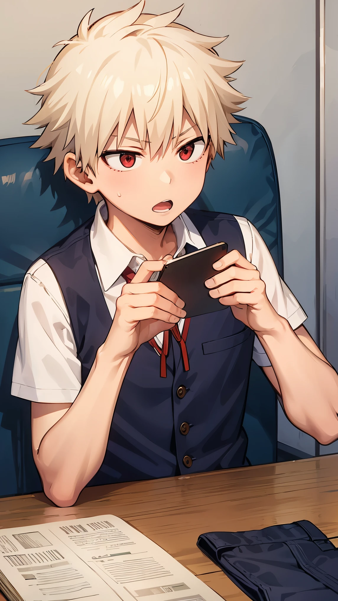  Bakugo Katsuk   lboy,Blonde hair, Short hair ,Red eyes, short hair, school uniform upper body , wear school uniform, set on chair, eating breakfast 