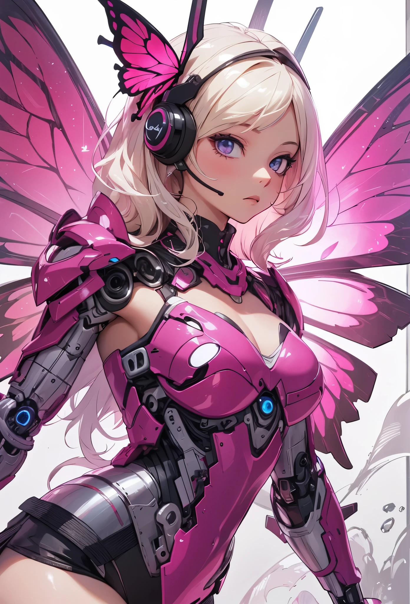 ((Highly accurate drawing in every detail)Extremely precise depiction)[High resolution],(detailed illustrations,とてもfineで緻密な描画,Delicate drawn lines with tempo,Realistic texture expression),[color traced main line],[labo],[[HENTAI]] ANIME (CYBERGirl anime Beauty  Cyborg[wavy hair (platinum blonde)]),([Butterfly wings] Magenta-pink Papillon cybernean armor [Aurora Armor] Fuselage only transparent material) Cyber Headset,(cybernetic [clear lenticular iris]),(intricate and beautiful decoration [Dense detail]),(Fine and beautiful skin expression [transparency]),Precisely drawn eyes[完璧な目のdetailed(Iris drawn in minute detail)(Beautiful eyes like jewels)],[eyes light[Pinpoint lighting for the eyes]],[long and beautiful eyelashes],[precisely drawn hair [美しく艷やかな髪のdetailed]],(完璧な手のdetailed [Beautiful fingers with no damage [beautiful nails]]),(perfect anatomy(perfectly balanced proportions))[[full body portrait]],[[Design built to the highest level]][ideal color coordination(Accurate simulation of light and material interactions)],([Precision Detail](detailed,高fine)),[Visual art that tells a story],((highest quality)fine[[High density drawing]])(4K Quality).