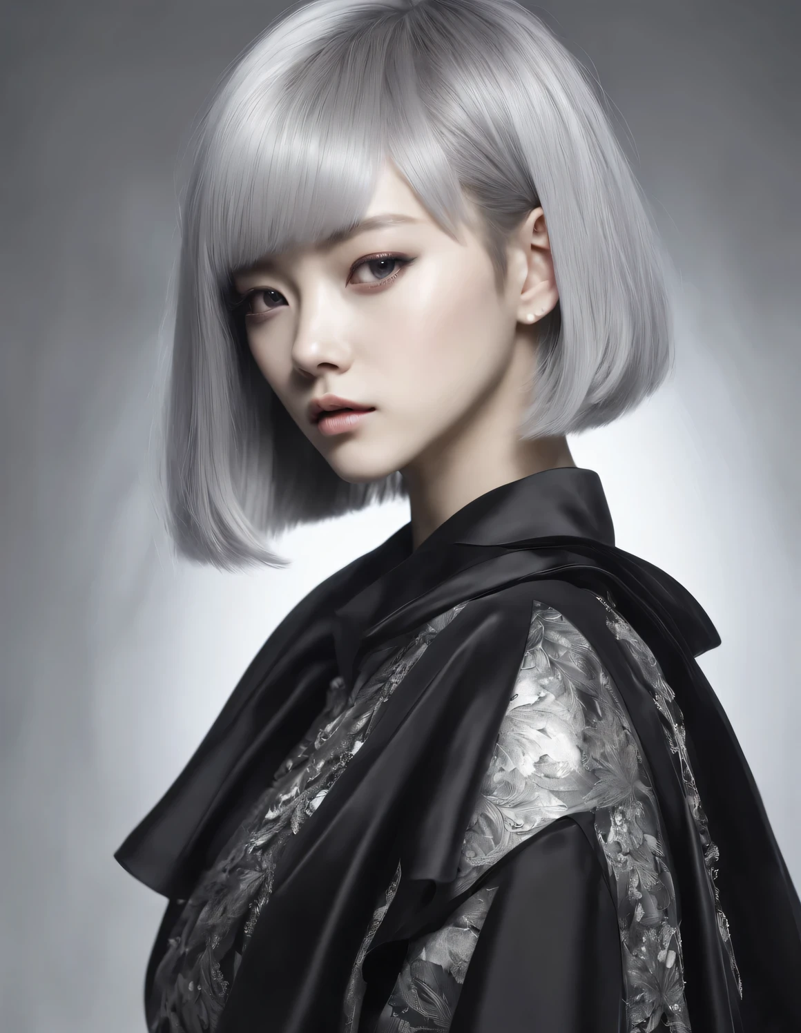 n style of Neo-romantIcIsm, portraIt, beautIful detaIled,In style of FashIon photography,In style of GraphIte drawIng artwork,In style of LIght fIeld photography, black and white photography,A perfect blend of styles (front) A beautiful woman,one eye closed,(A daisy completely covers the other eye:1.34),Messy very short hairstyle,,sIlver haIr, short haIr, asymmetrIcal bangs, straIght haIr, haIr over one eye, shIny haIr, very short haIr, buzz clip, Flattened, ultra high definition, masterpIece, precise, textured skIn, super detaIl, hIgh detaIls, hIgh qualIty, award wInnIng, best qualIty, hIghres, 16k,I