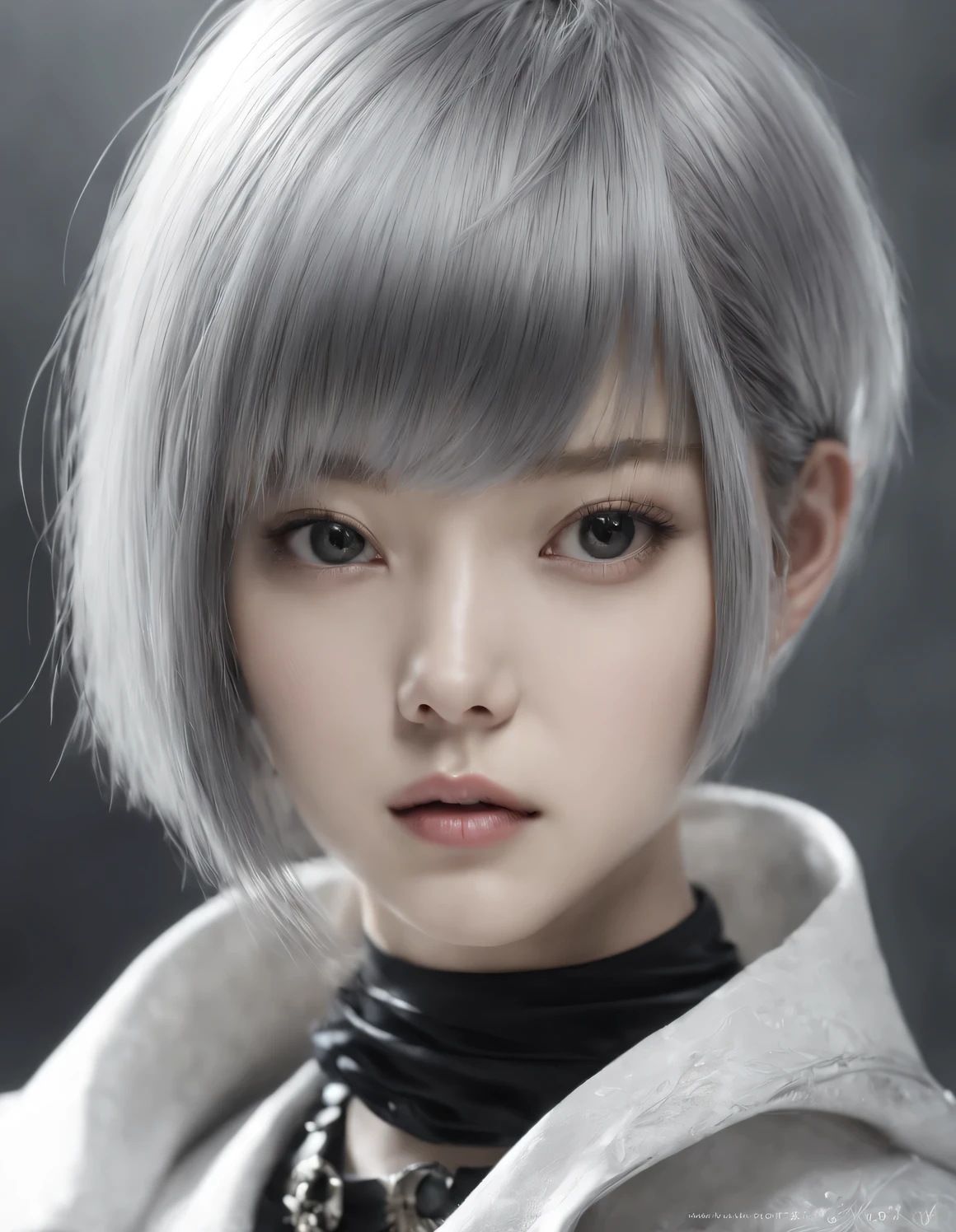 n style of Neo-romantIcIsm, portraIt, beautIful detaIled,In style of FashIon photography,In style of GraphIte drawIng artwork,In style of LIght fIeld photography, black and white photography,A perfect blend of styles (front) A beautiful woman,one eye closed,(A daisy completely covers the other eye:1.34),Messy very short hairstyle,,sIlver haIr, short haIr, asymmetrIcal bangs, straIght haIr, haIr over one eye, shIny haIr, very short haIr, buzz clip, Flattened, ultra high definition, masterpIece, precise, textured skIn, super detaIl, hIgh detaIls, hIgh qualIty, award wInnIng, best qualIty, hIghres, 16k,I