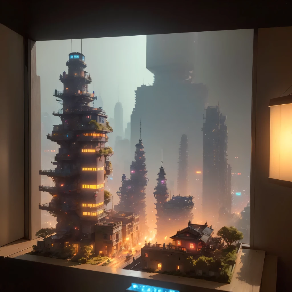 small realistic model, (bifurcation, original photo, best quality, masterpiece:1.4),SteampunkCyberpunk6920 City,(Cyberpunk light:1.3), Mards,horizon (related to land),(in a small nature box:1.3),Isometric, small nature, landscape on foundation,landscape,