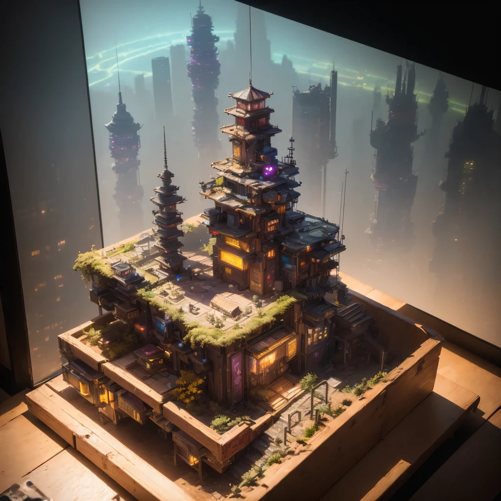 small realistic model, (bifurcation, original photo, best quality, masterpiece:1.4),SteampunkCyberpunk6920 City,(Cyberpunk light:1.3), Mards,horizon (related to land),(in a small nature box:1.3),Isometric, small nature, landscape on foundation,landscape,