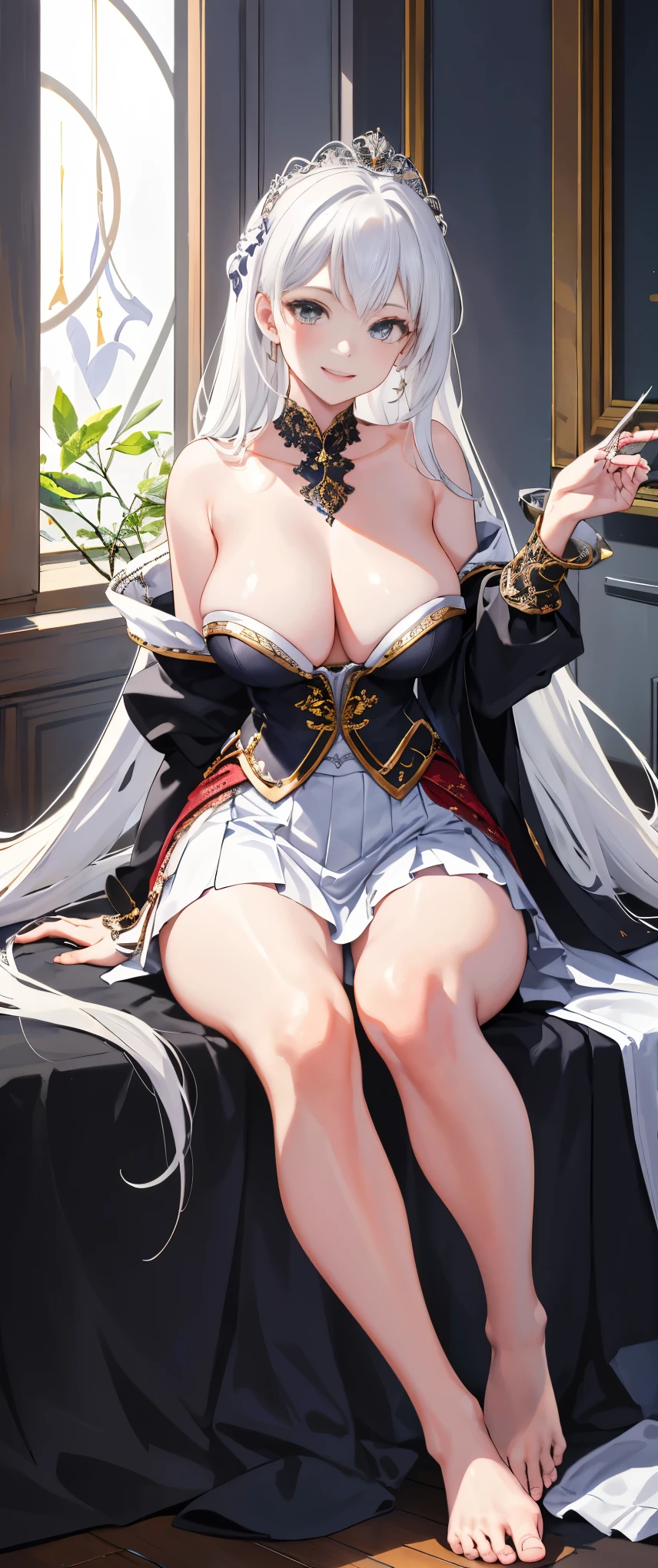 absurdres, highres, ultra detailed, (1girl:1.3),
BREAK , High resolution , Design an image featuring beautiful calligraphy ,and a sense of craftsmanship and skill. Beatiful shaped feets , sexy feet , showing feet , teasing , laying , queen , smile , blush, ( all naked body ) , long hair , big bare breasts , skirt , maids costume , NSFW , Sharp and shiny colors , shiny white skin , white hair,