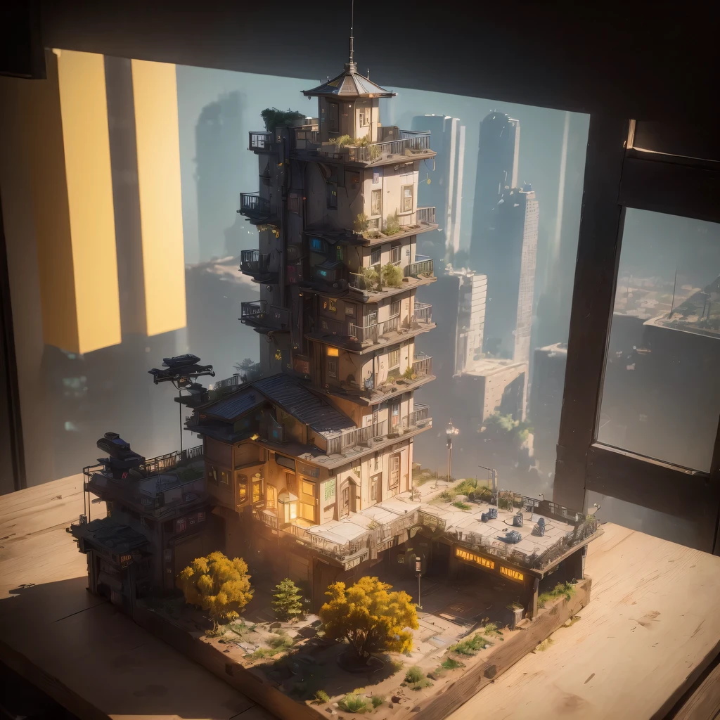 small realistic model, (bifurcation, original photo, best quality, masterpiece:1.4),SteampunkCyberpunk6920 City,(Cyberpunk light:1.3), Mards,horizon (related to land),(in a small nature box:1.3),Isometric, small nature, landscape on foundation,landscape,