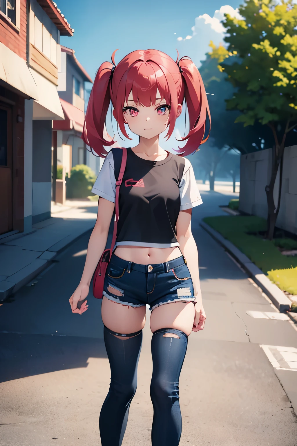 young girl, red hair, girl, small girl, tiny girl,  small breasts, 18 years old, twintail hair, pink bangs, pink eyes, black top shirt, blue jeans short, in a ´park, looking at viewer, 4k, masterpiece, 8k, detailed, Hd anime, all body in art, full body
