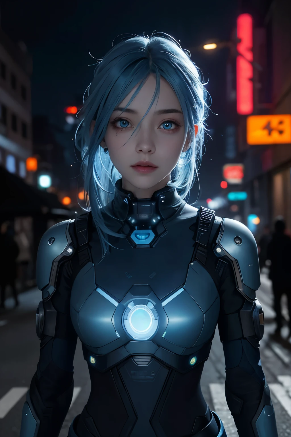 a class up, of a girl, perfect face, blue hair, eyes with radiant lights, a cyberpunk skin, on a street with several lights, background blur, cinematic image high quality full hd, perfect image without errors, image rich in details .