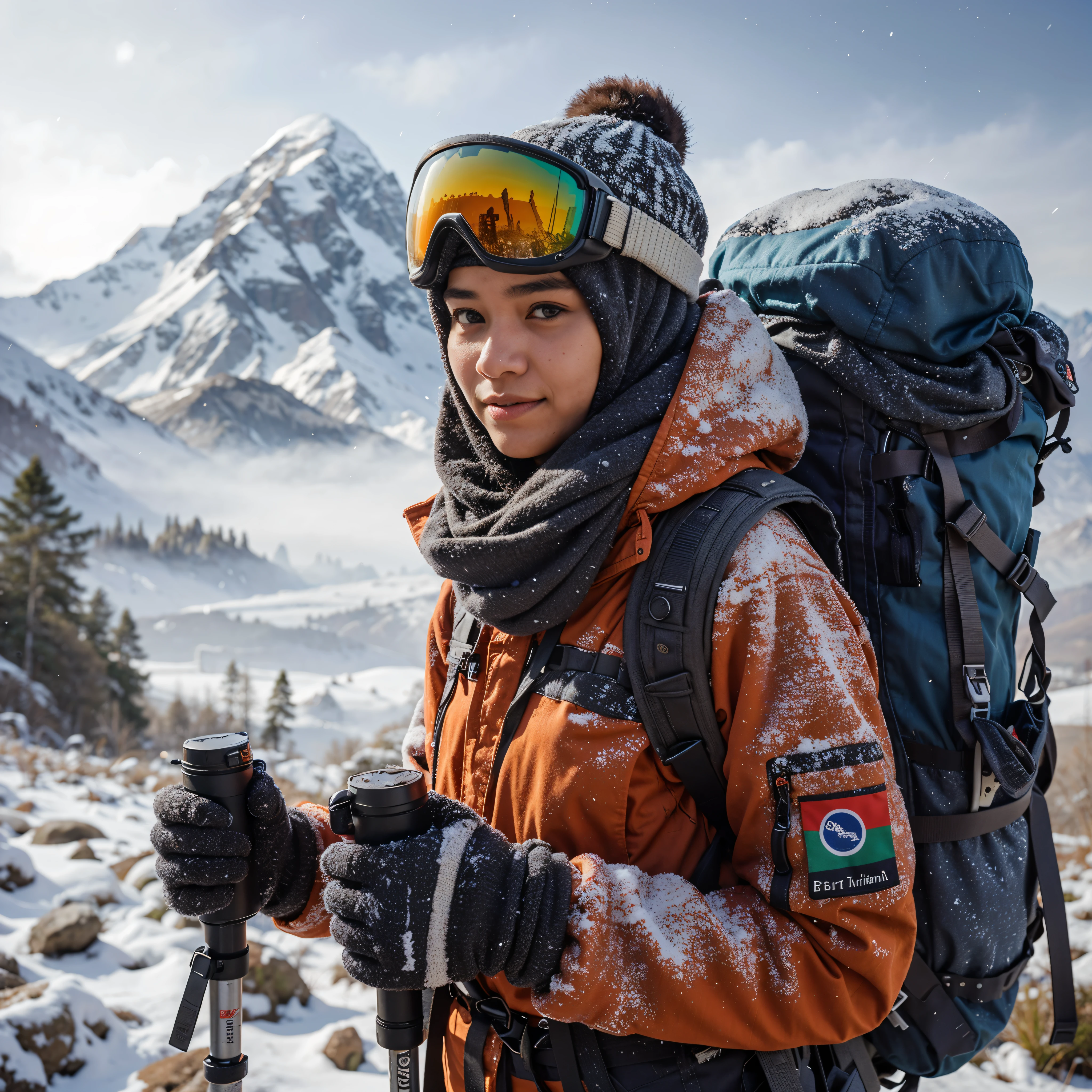 masterpiece of a 15 year old girl (the real face of Indonesia) wearing a thick winter jacket, hijab, wearing a head covering (beanie) tucked into ski goggles, long pants (softshell), carrying a climber-style backpack, wearing hiking shoes, trekking poles, snowfall, from a distance you can see Mount Everest, bright and natural lighting, very detailed, realistic, photography, taken with a Leica 35mm camera